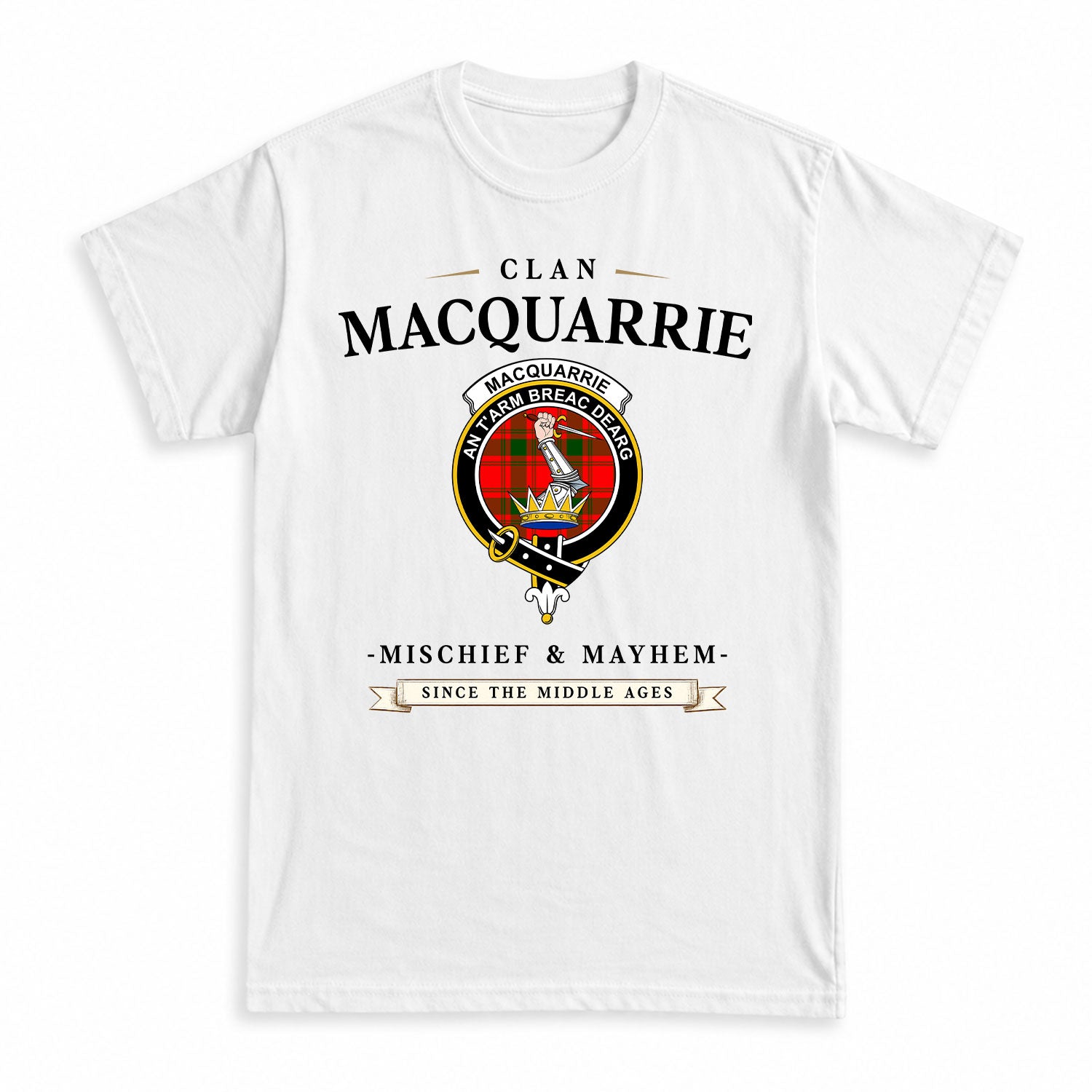 MacQuarrie Tartan Crest Mischief and Mayhem T-shirt