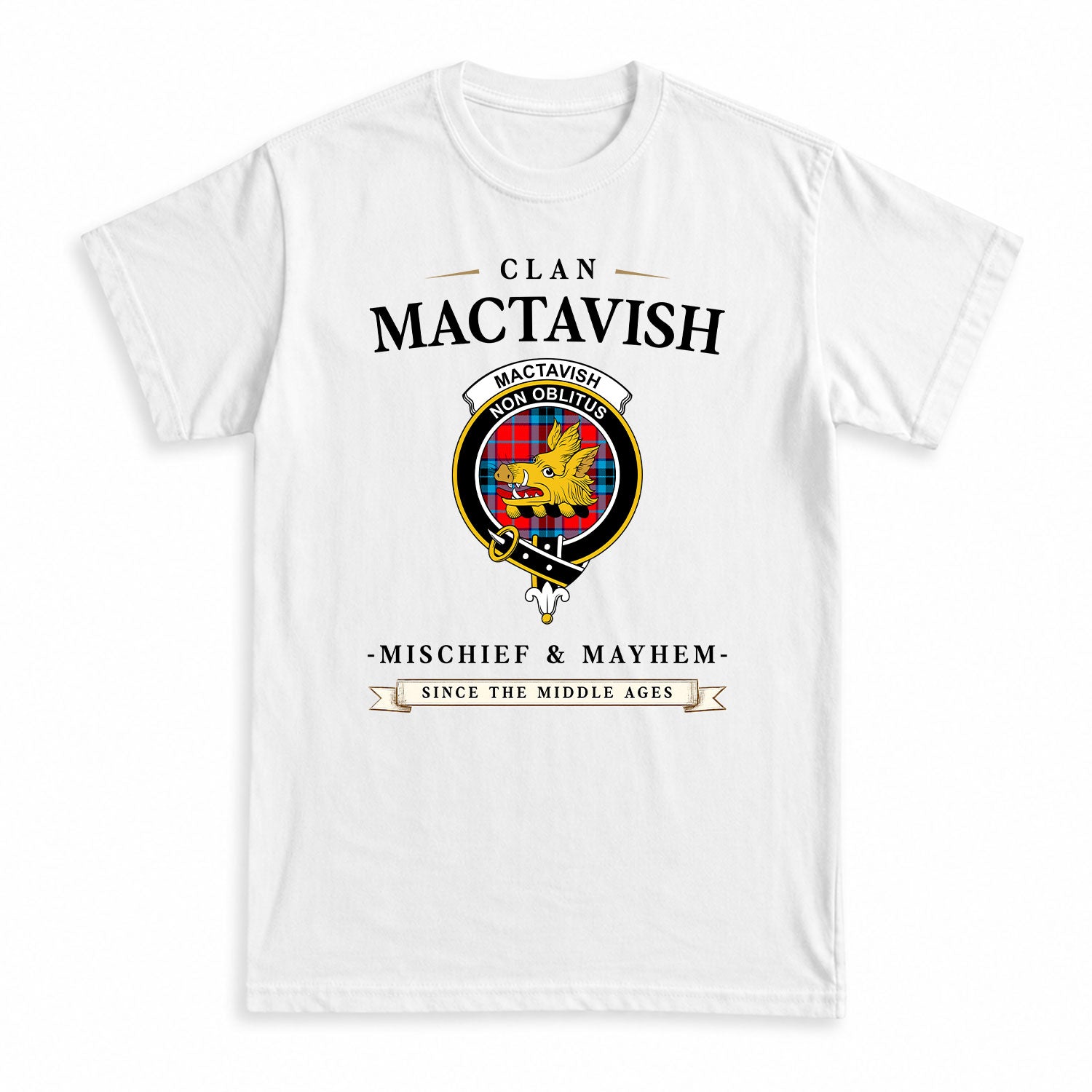 MacTavish Modern Tartan Crest Mischief and Mayhem T-shirt