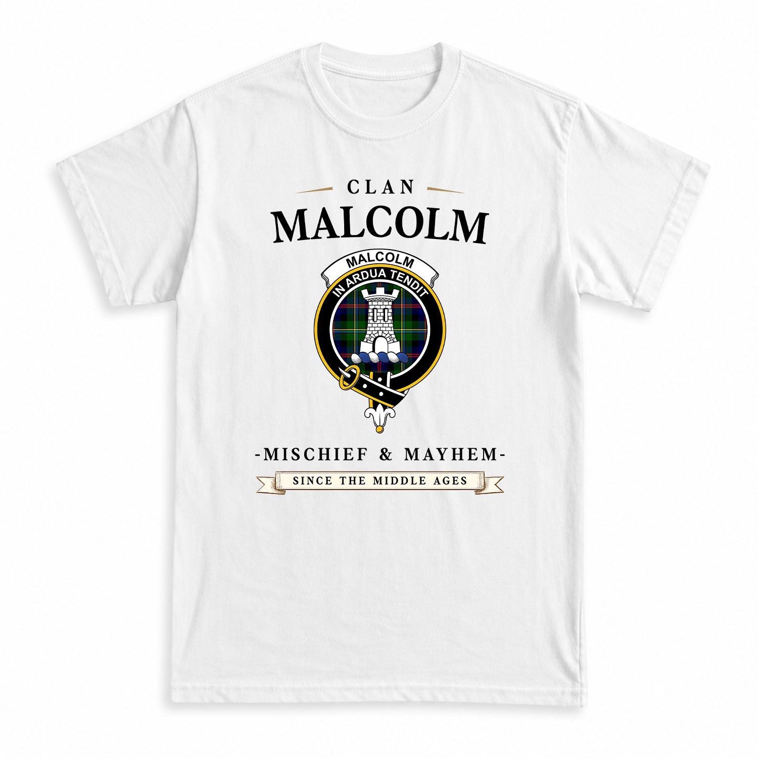 Malcolm (or MacCallum) Tartan Crest Mischief and Mayhem T-shirt