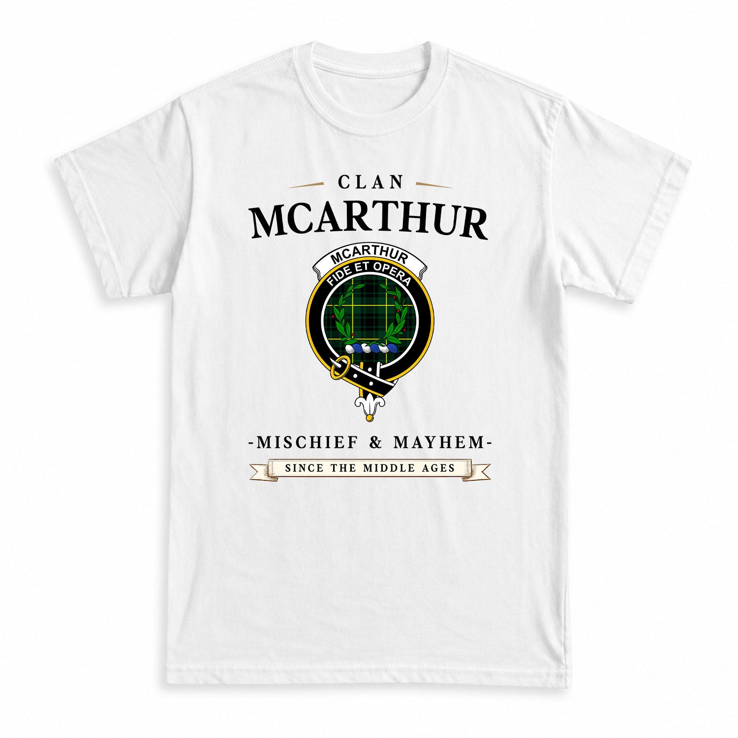 McArthur Modern Tartan Crest Mischief and Mayhem T-shirt