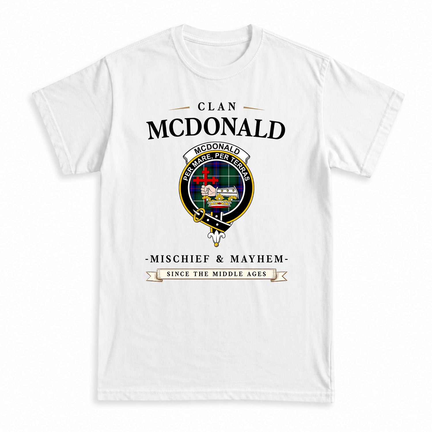 McDonald of the Isles Hunting Modern Tartan Crest Mischief and Mayhem T-shirt
