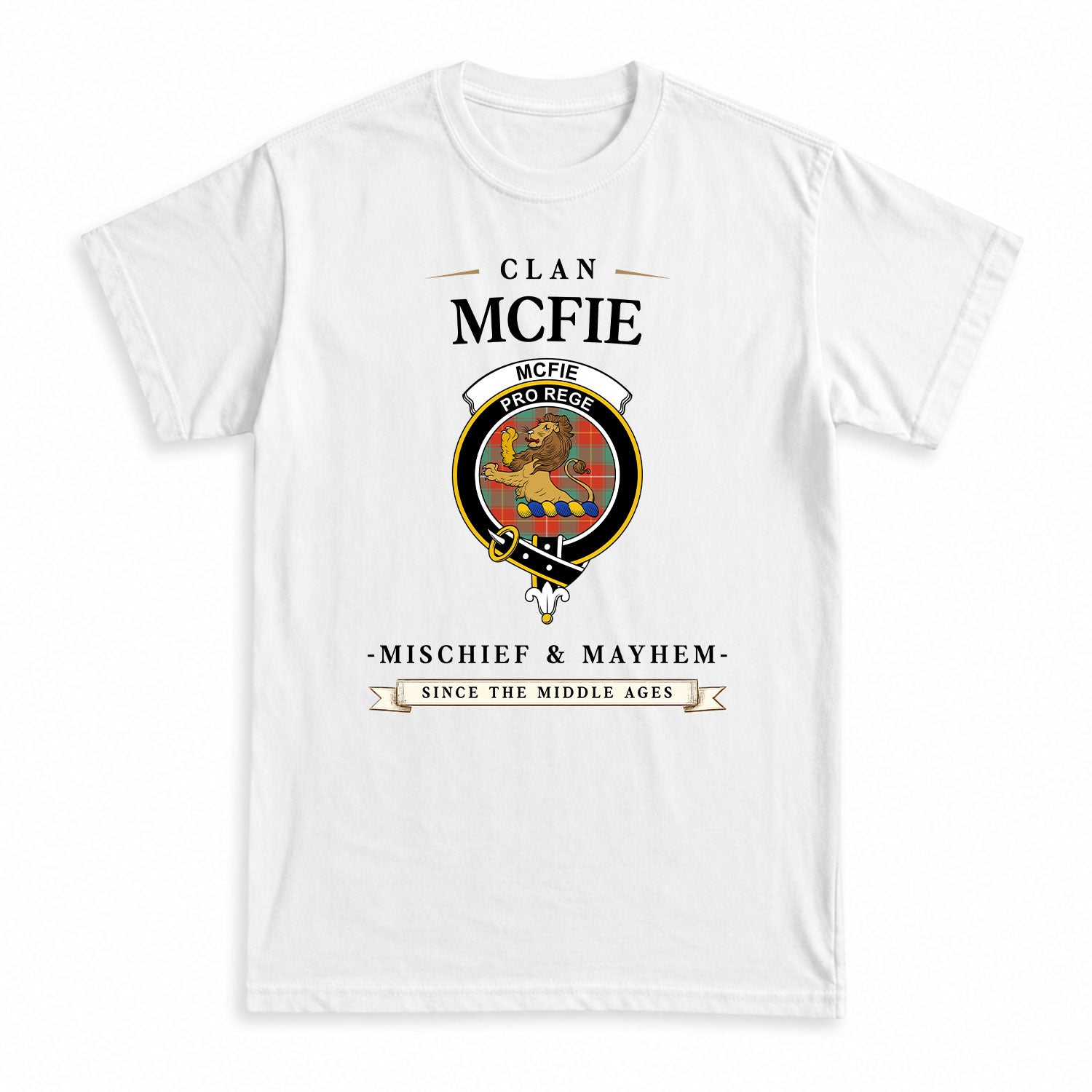 McFie Ancient Tartan Crest Mischief and Mayhem T-shirt