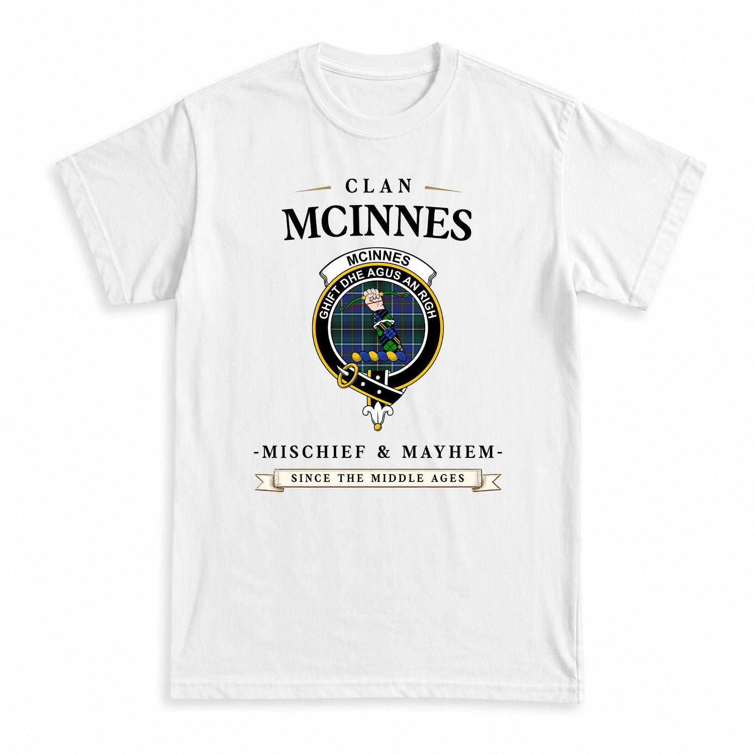 McInnes Modern Tartan Crest Mischief and Mayhem T-shirt