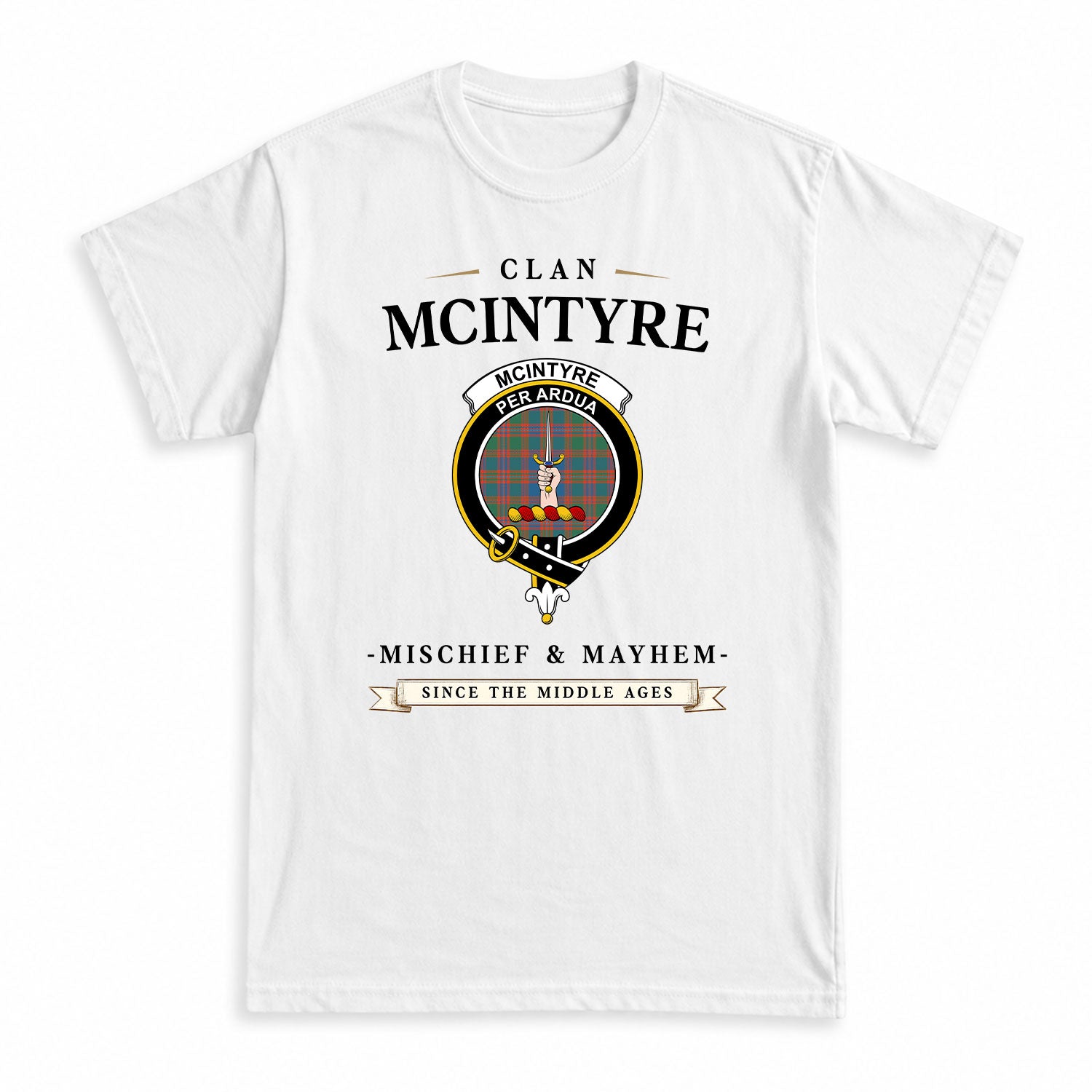 McIntyre Ancient Tartan Crest Mischief and Mayhem T-shirt