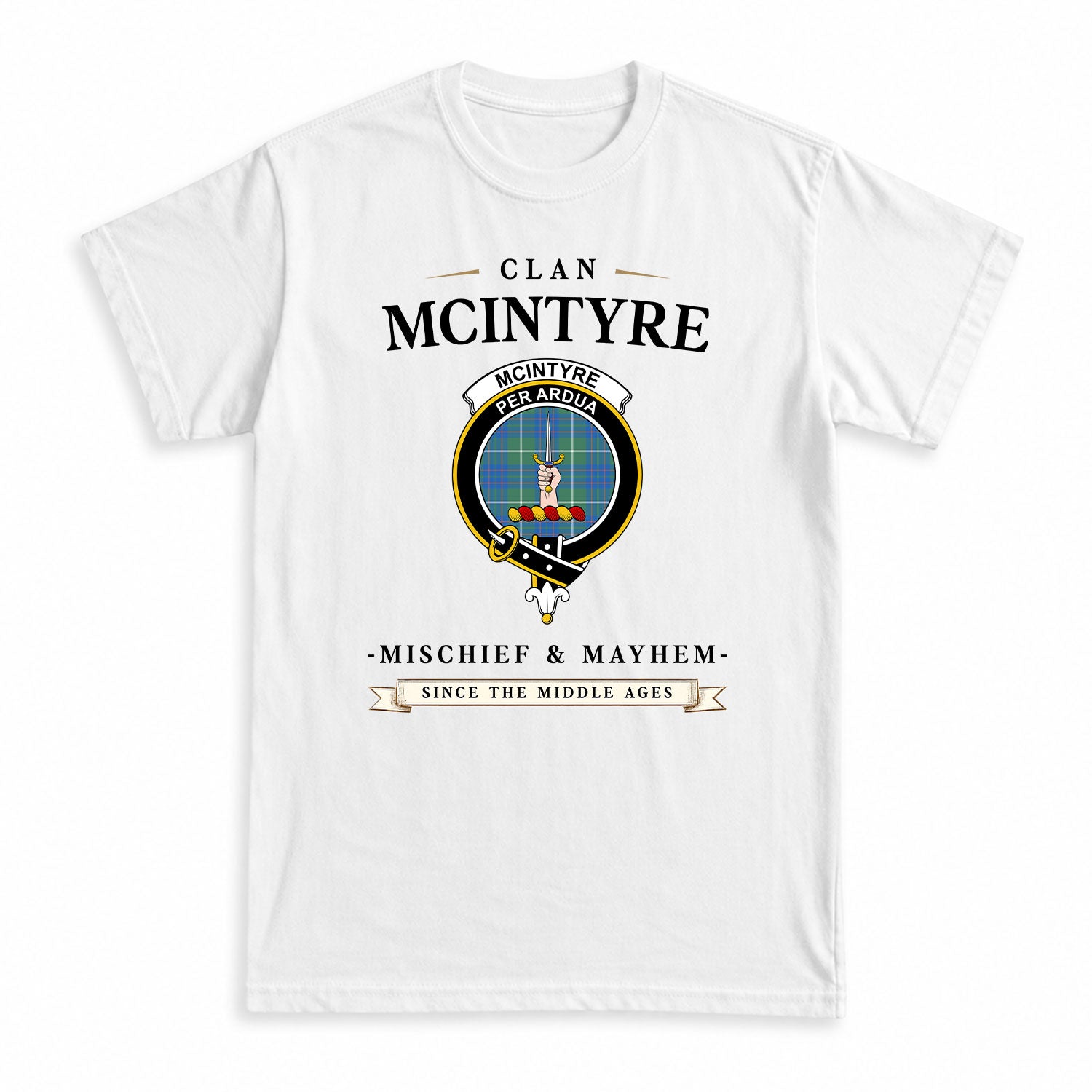 McIntyre Hunting Ancient Tartan Crest Mischief and Mayhem T-shirt
