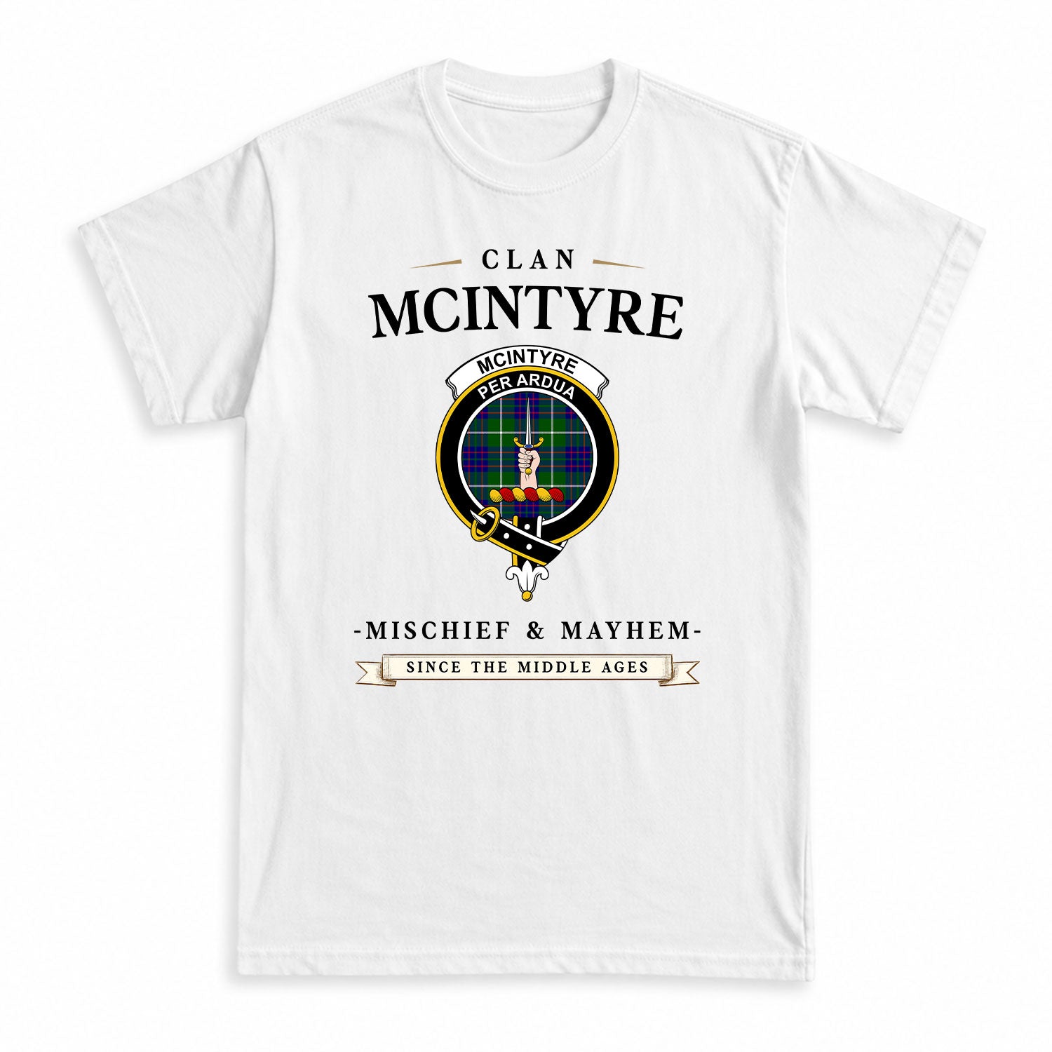 McIntyre Hunting Modern Tartan Crest Mischief and Mayhem T-shirt