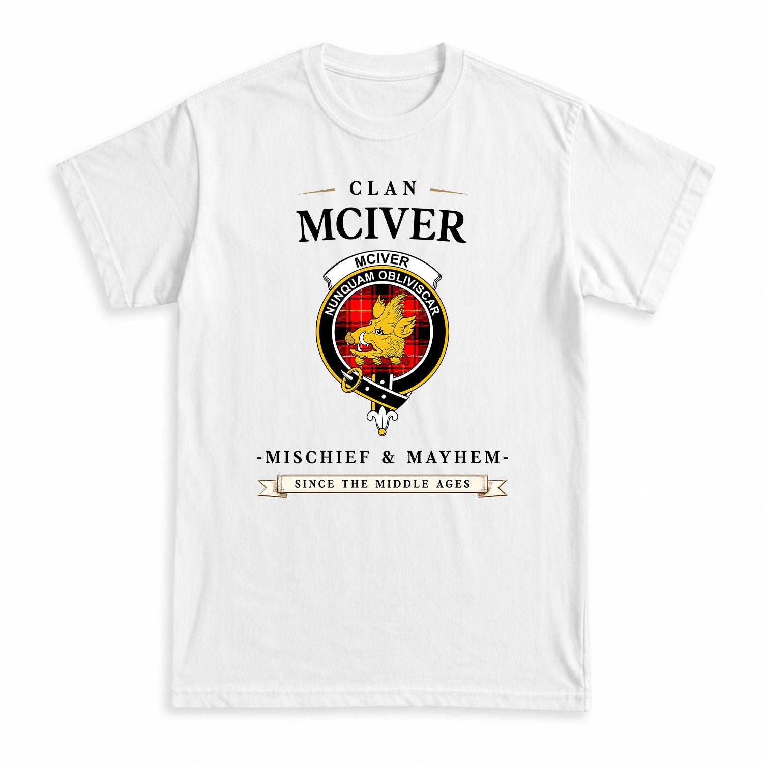 McIver Modern Tartan Crest Mischief and Mayhem T-shirt