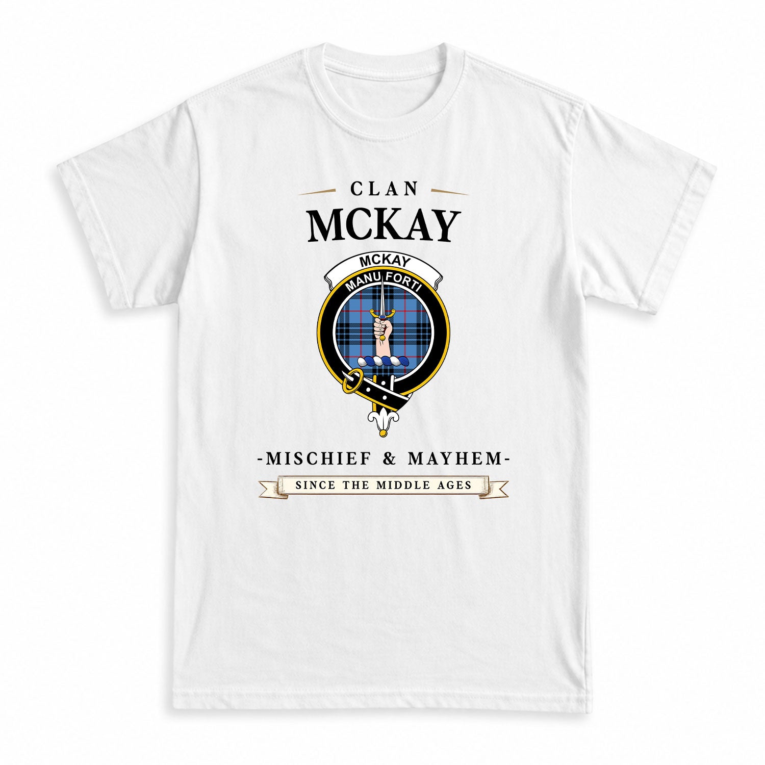 McKay Blue Tartan Crest Mischief and Mayhem T-shirt