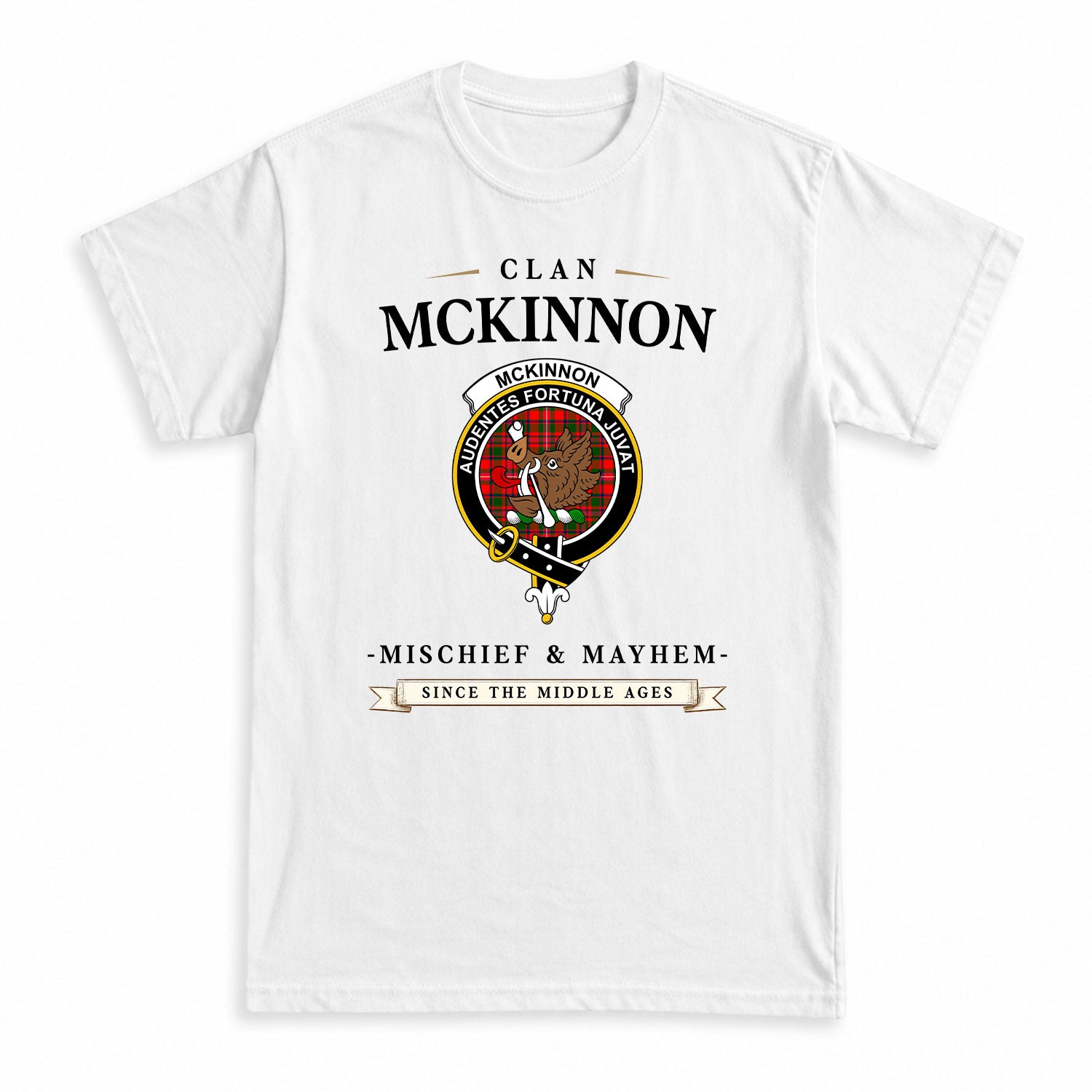 McKinnon Modern Tartan Crest Mischief and Mayhem T-shirt