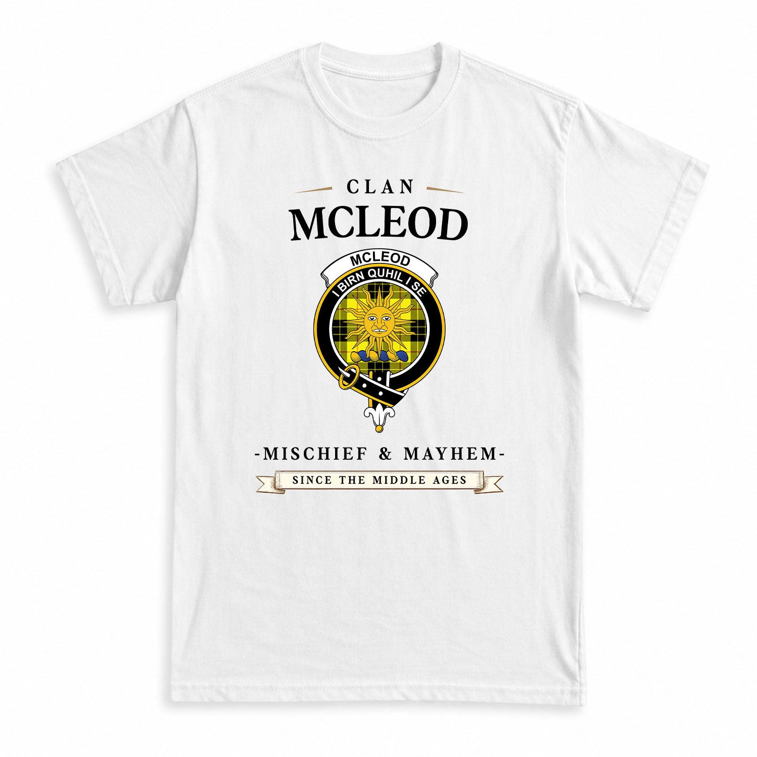 McLeod of Lewis Modern Tartan Crest Mischief and Mayhem T-shirt