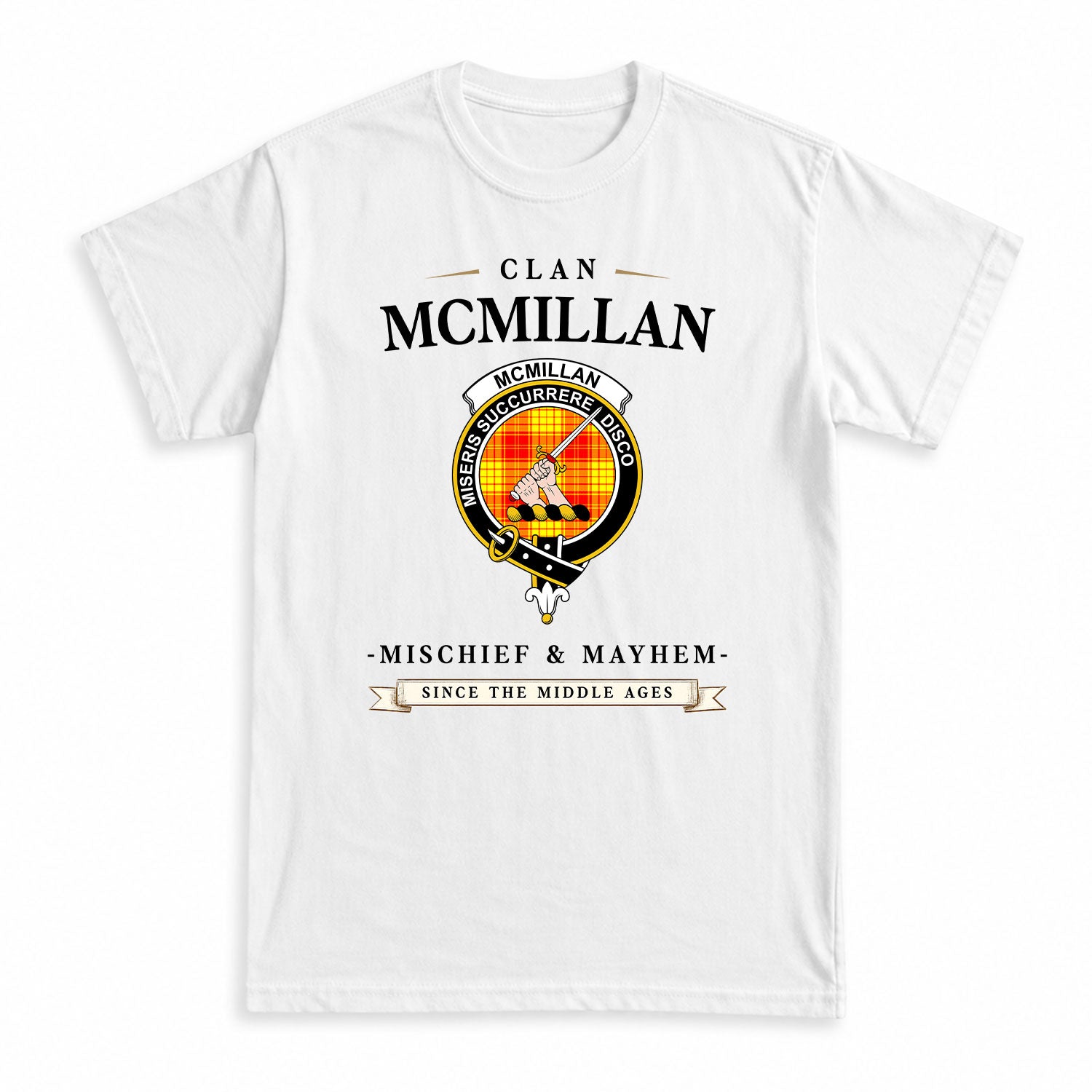 McMillan Clan Tartan Crest Mischief and Mayhem T-shirt