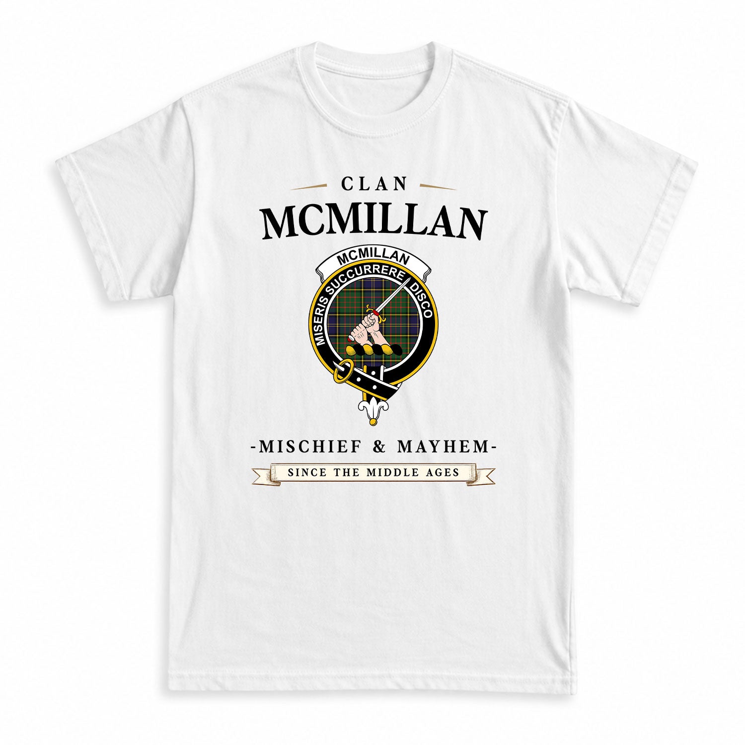 McMillan Hunting Modern Tartan Crest Mischief and Mayhem T-shirt