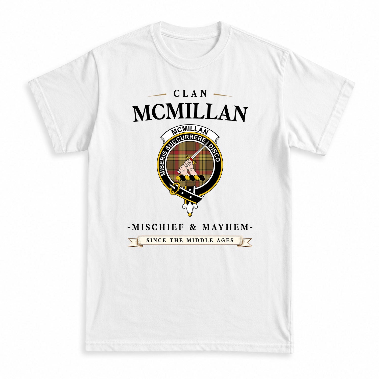 McMillan Old Weathered Tartan Crest Mischief and Mayhem T-shirt