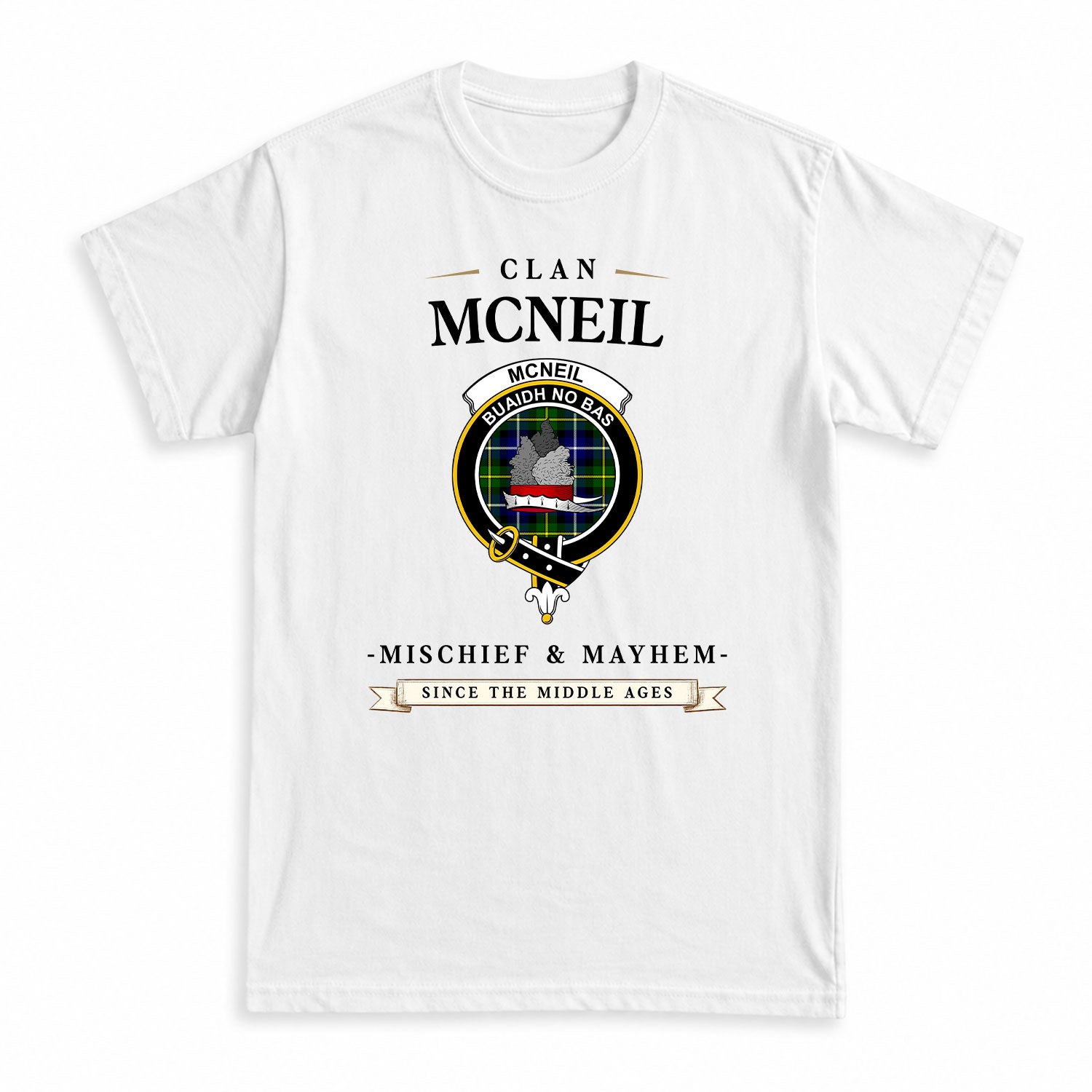 McNeil of Barra Modern Tartan Crest Mischief and Mayhem T-shirt