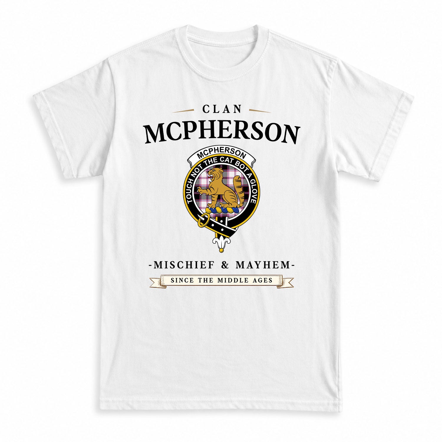 McPherson Hunting Modern Tartan Crest Mischief and Mayhem T-shirt