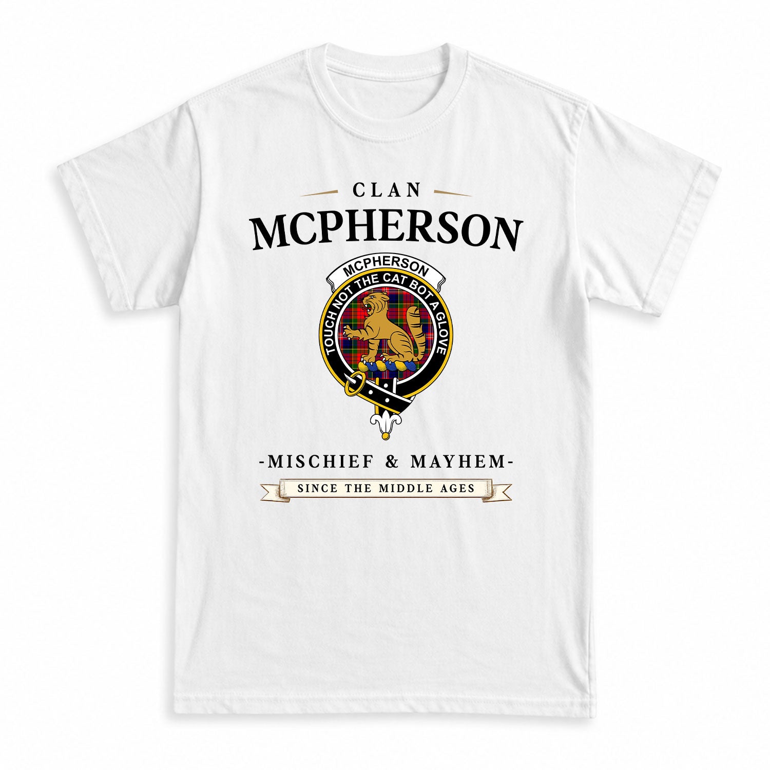 McPherson Modern Tartan Crest Mischief and Mayhem T-shirt