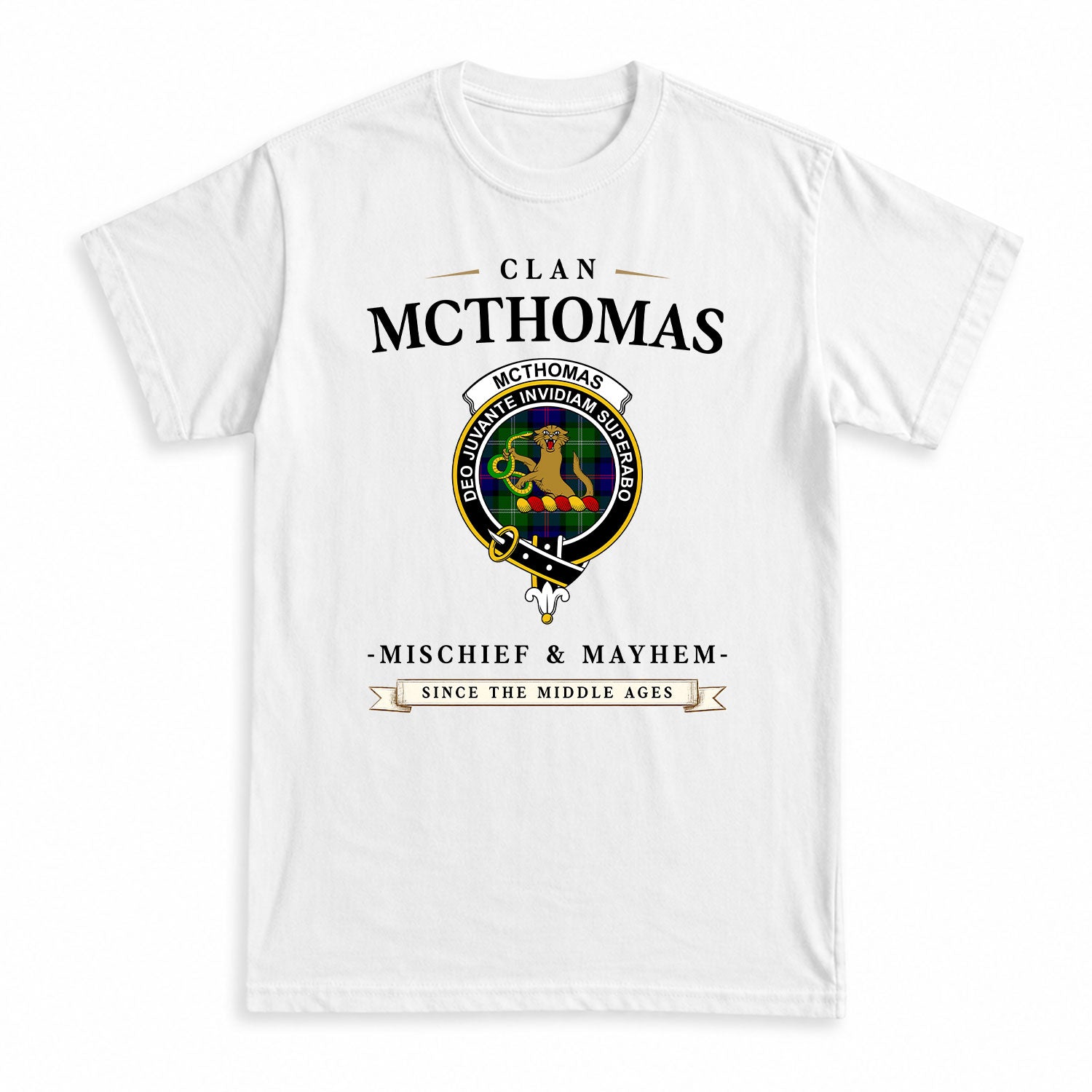 McThomas Modern Tartan Crest Mischief and Mayhem T-shirt
