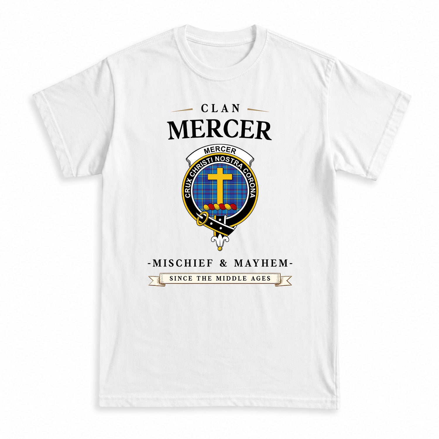 Mercer Modern Tartan Crest Mischief and Mayhem T-shirt