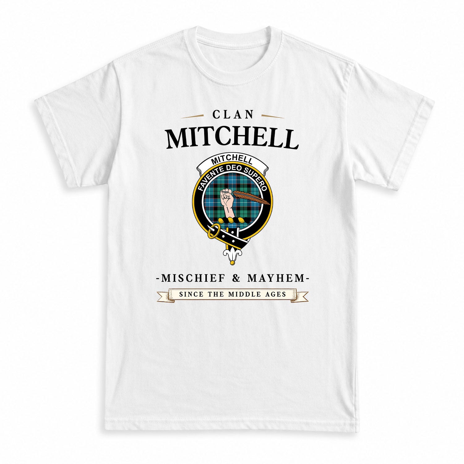 Mitchell Ancient Tartan Crest Mischief and Mayhem T-shirt