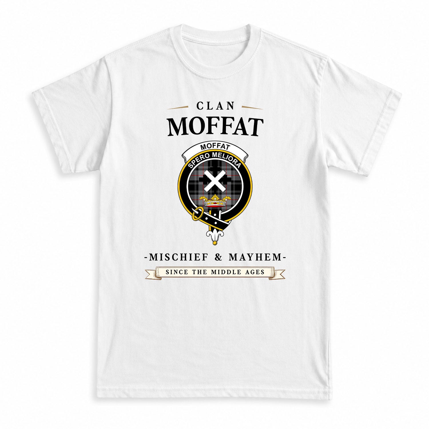 Moffat Modern Tartan Crest Mischief and Mayhem T-shirt