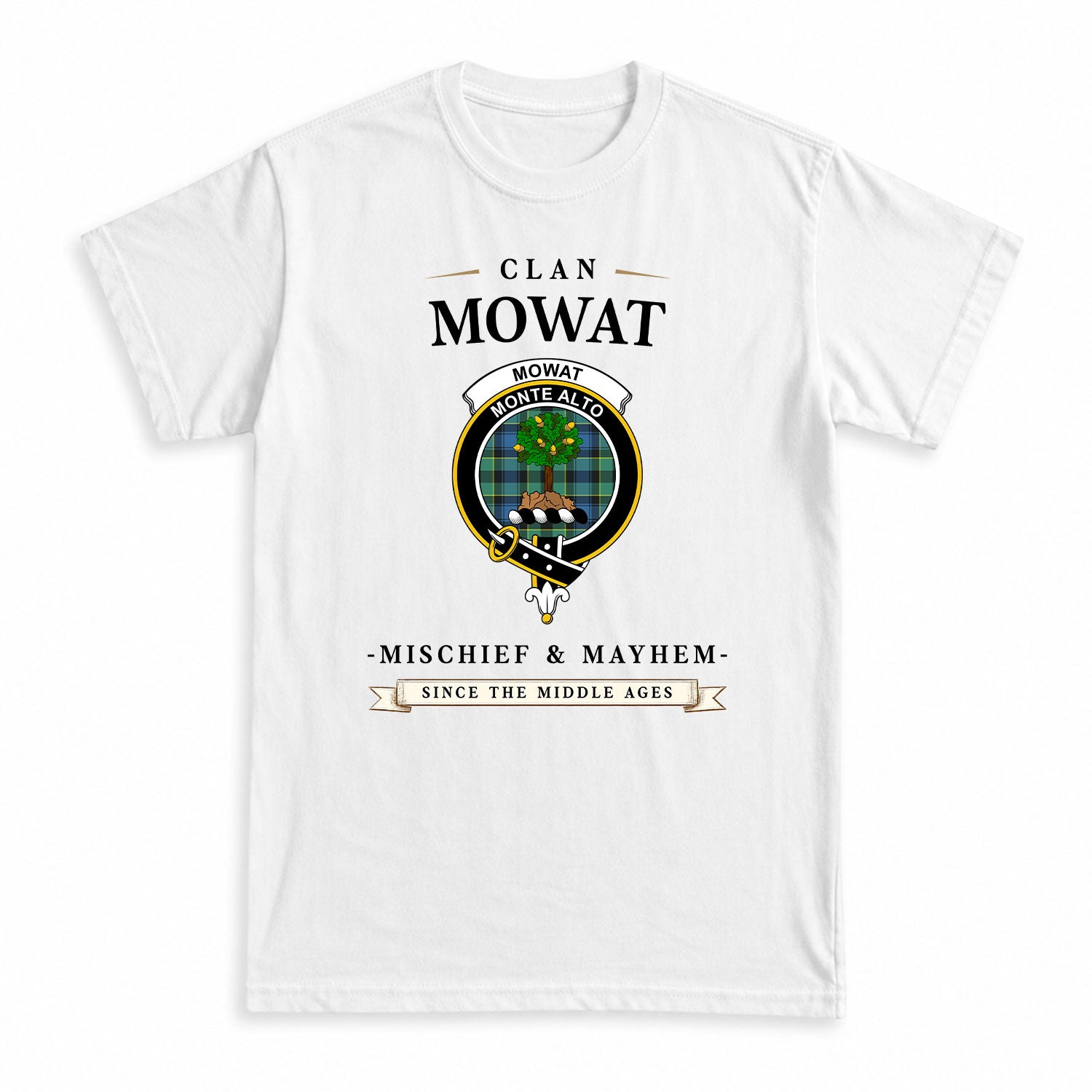 Mowat Ancient Tartan Crest Mischief and Mayhem T-shirt