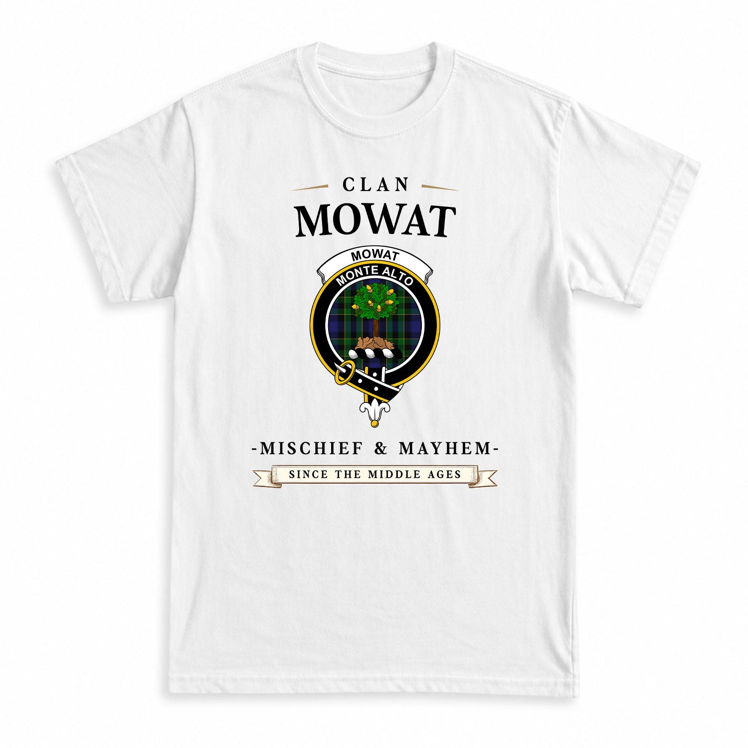 Mowat Modern Tartan Crest Mischief and Mayhem T-shirt