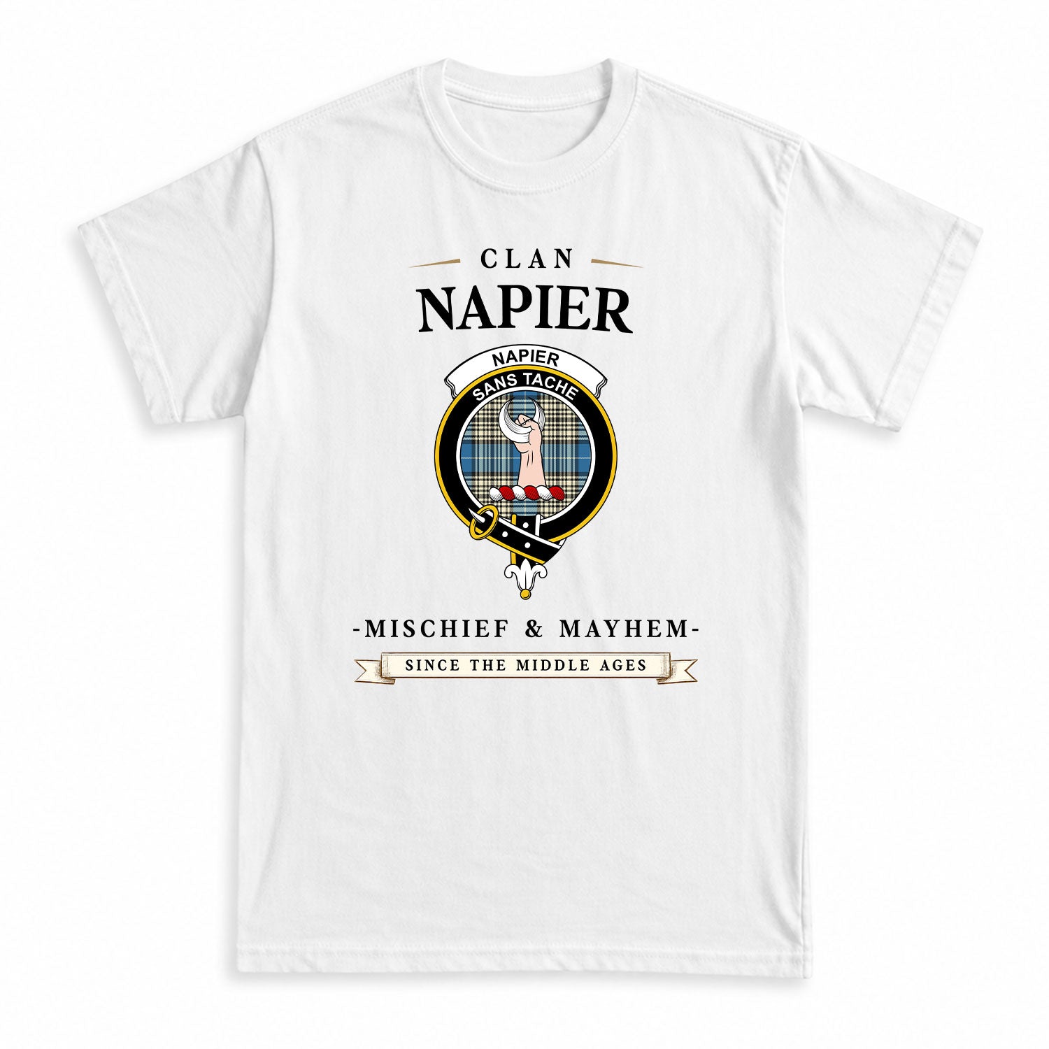 Napier Ancient Tartan Crest Mischief and Mayhem T-shirt