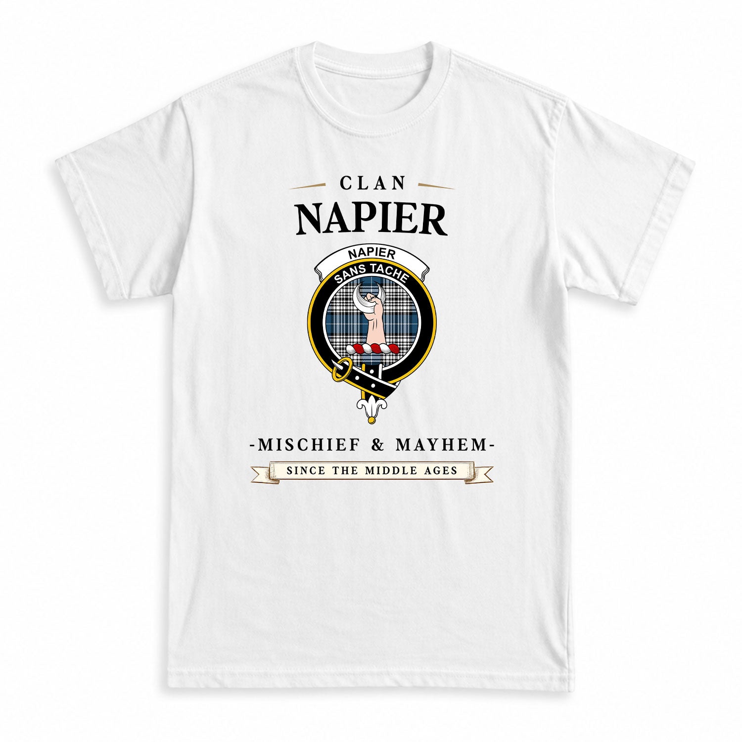 Napier Modern Tartan Crest Mischief and Mayhem T-shirt