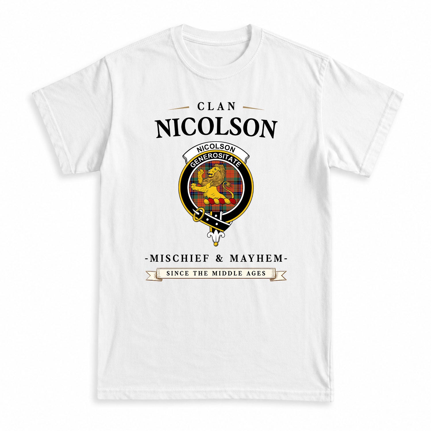 Nicolson Ancient Tartan Crest Mischief and Mayhem T-shirt