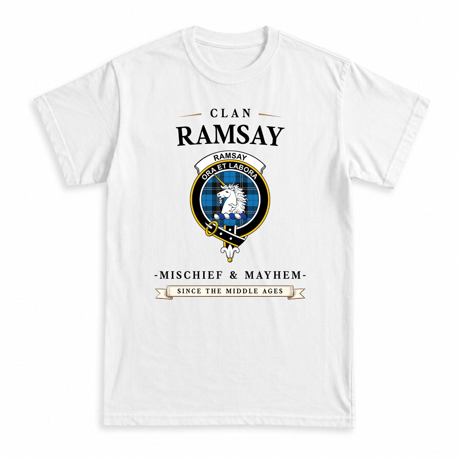 Ramsay Blue Ancient Tartan Crest Mischief and Mayhem T-shirt