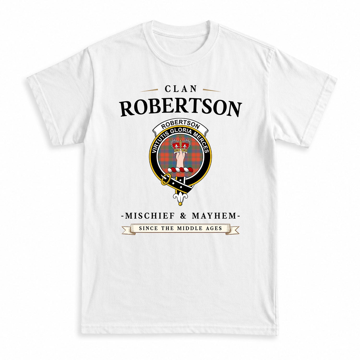 Robertson Ancient Tartan Crest Mischief and Mayhem T-shirt