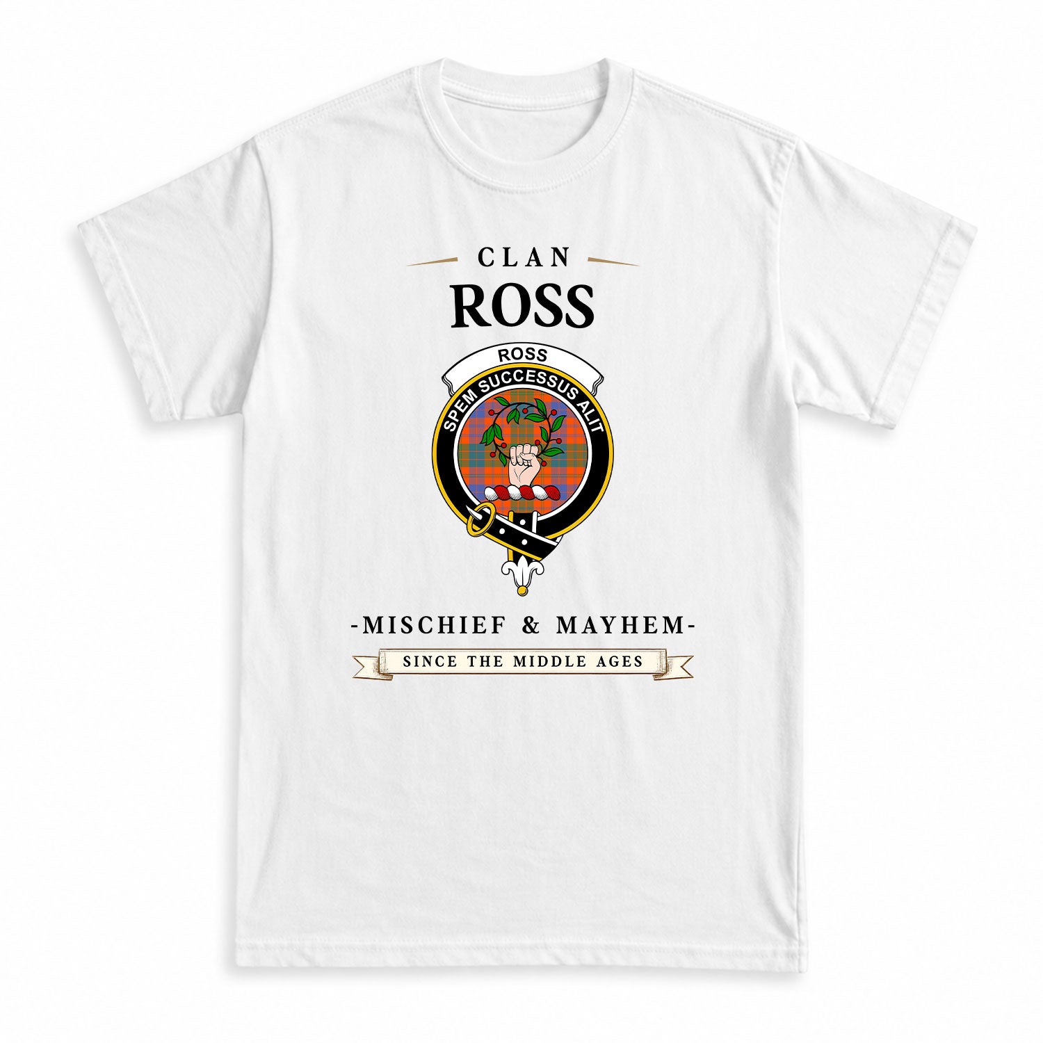 Ross Ancient Tartan Crest Mischief and Mayhem T-shirt