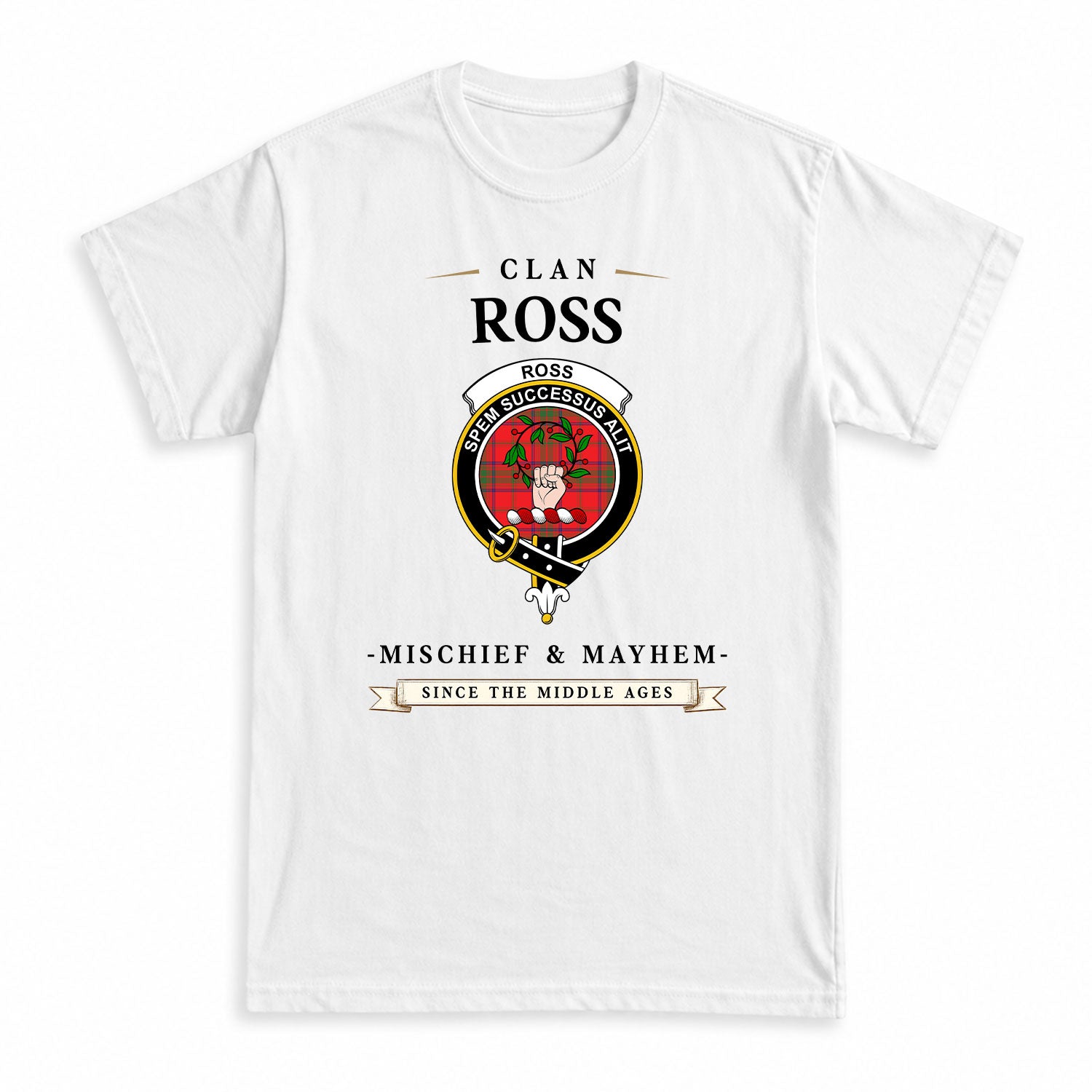 Ross Modern Tartan Crest Mischief and Mayhem T-shirt