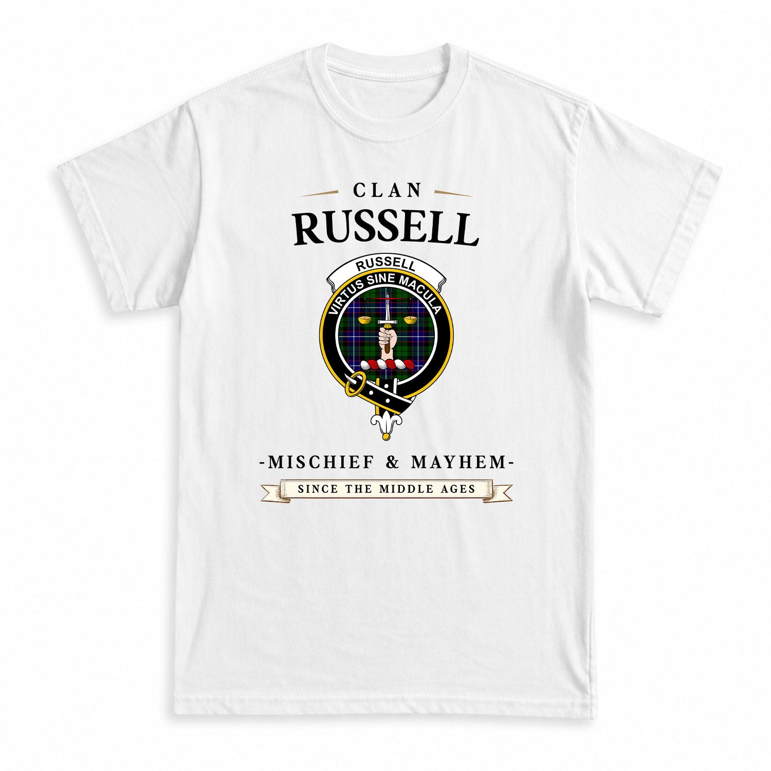 Russell Modern Tartan Crest Mischief and Mayhem T-shirt