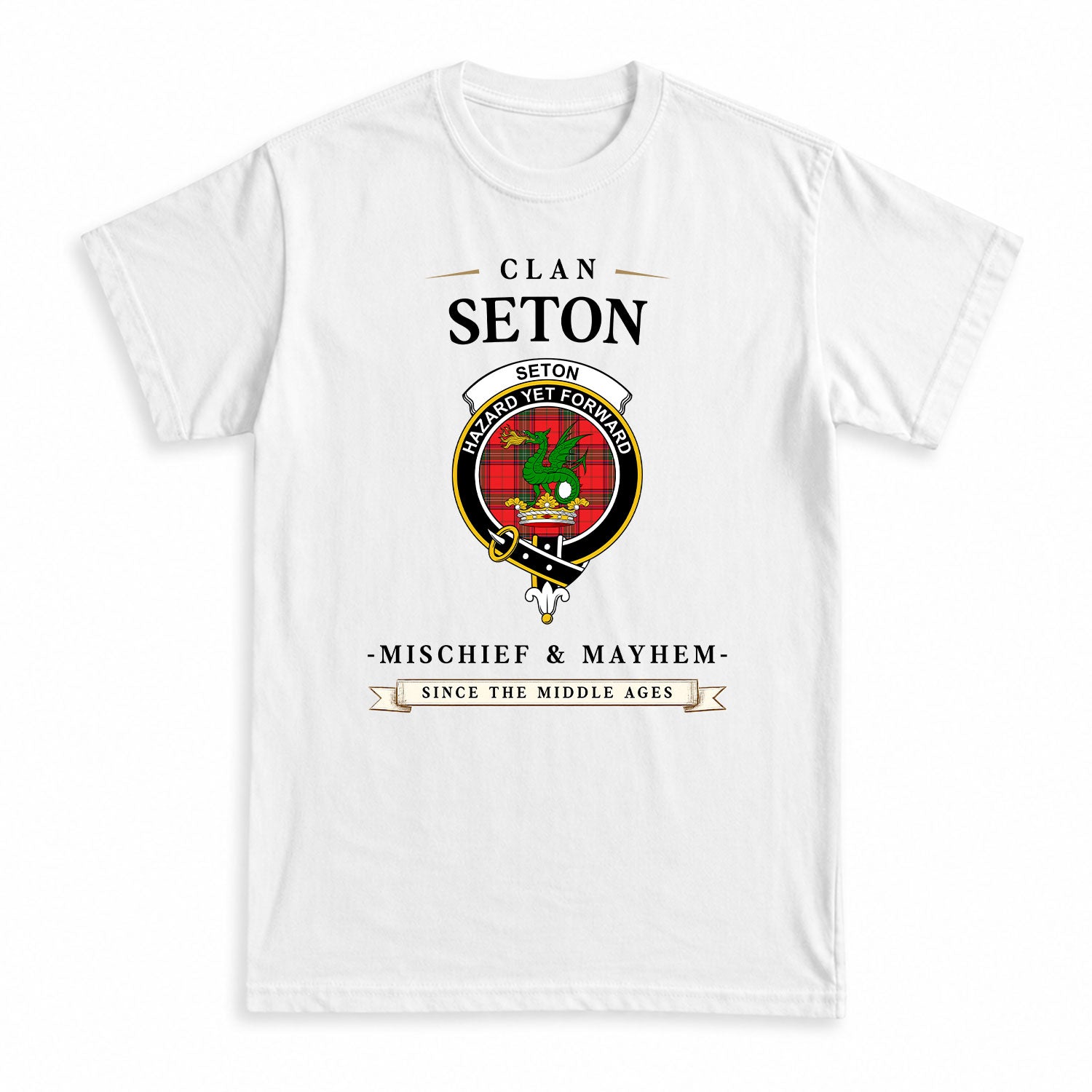 Seton Modern Tartan Crest Mischief and Mayhem T-shirt
