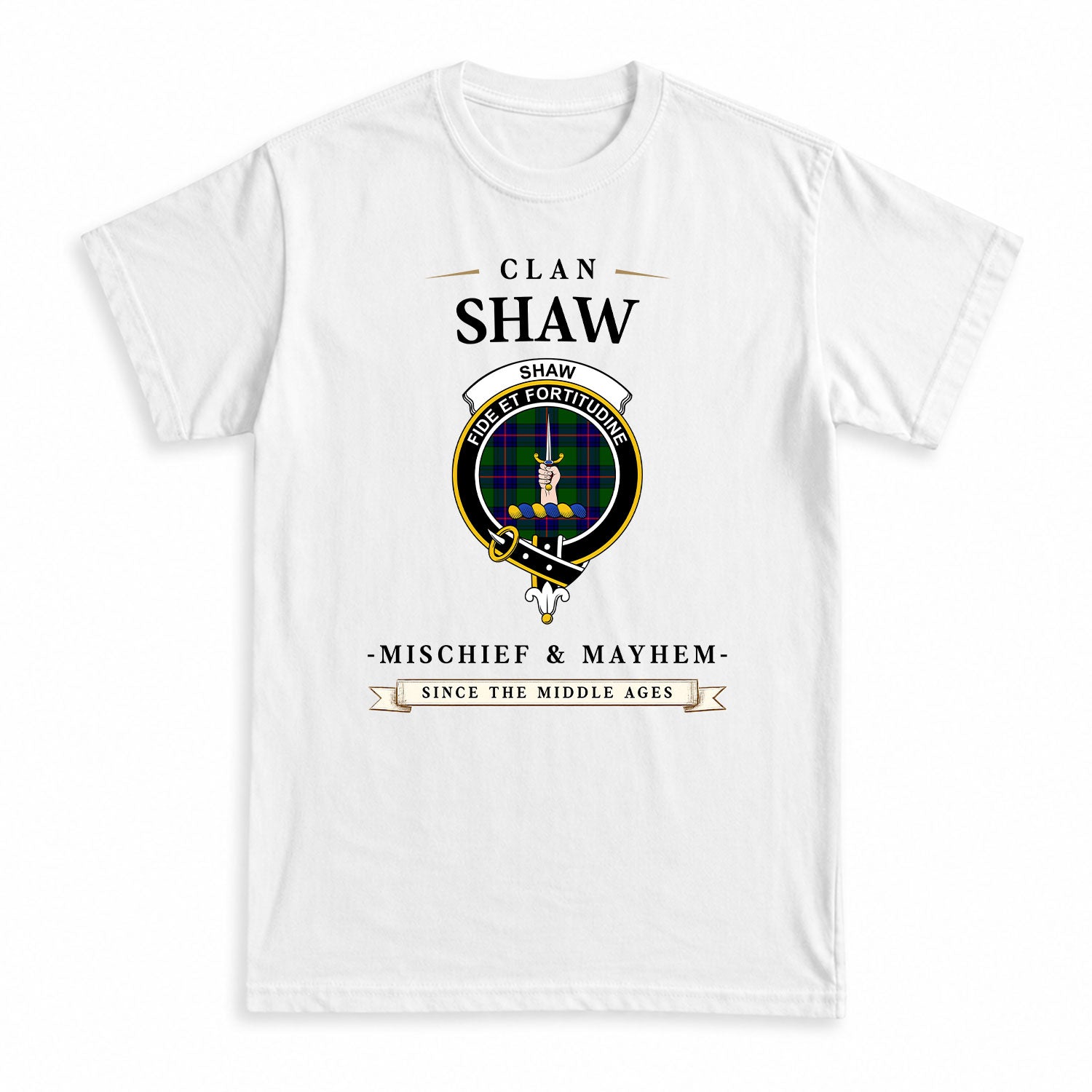 Shaw Modern Tartan Crest Mischief and Mayhem T-shirt