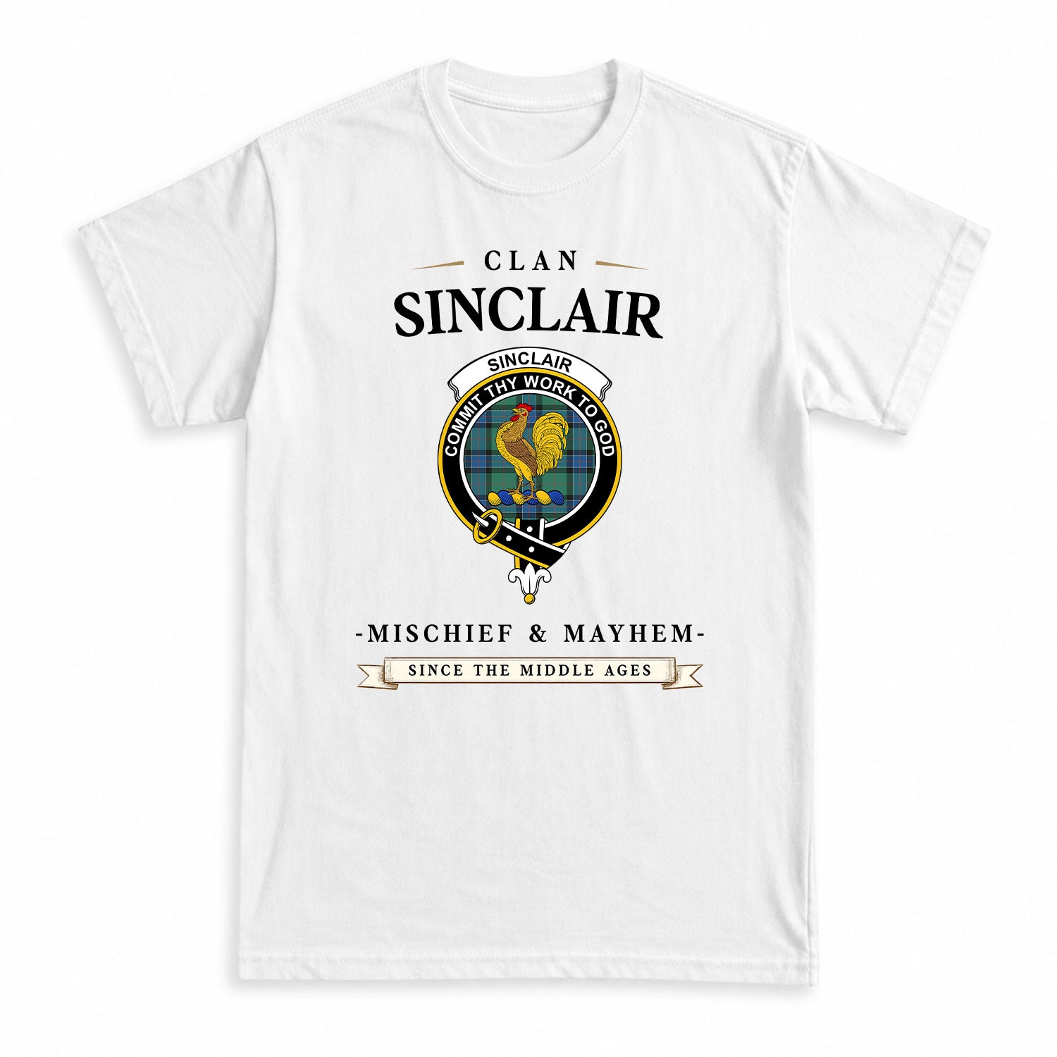 Sinclair Hunting Ancient Tartan Crest Mischief and Mayhem T-shirt