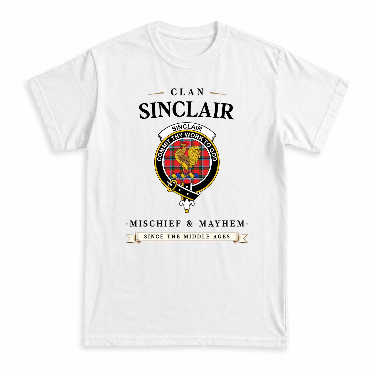 Sinclair Modern Tartan Crest Mischief and Mayhem T-shirt