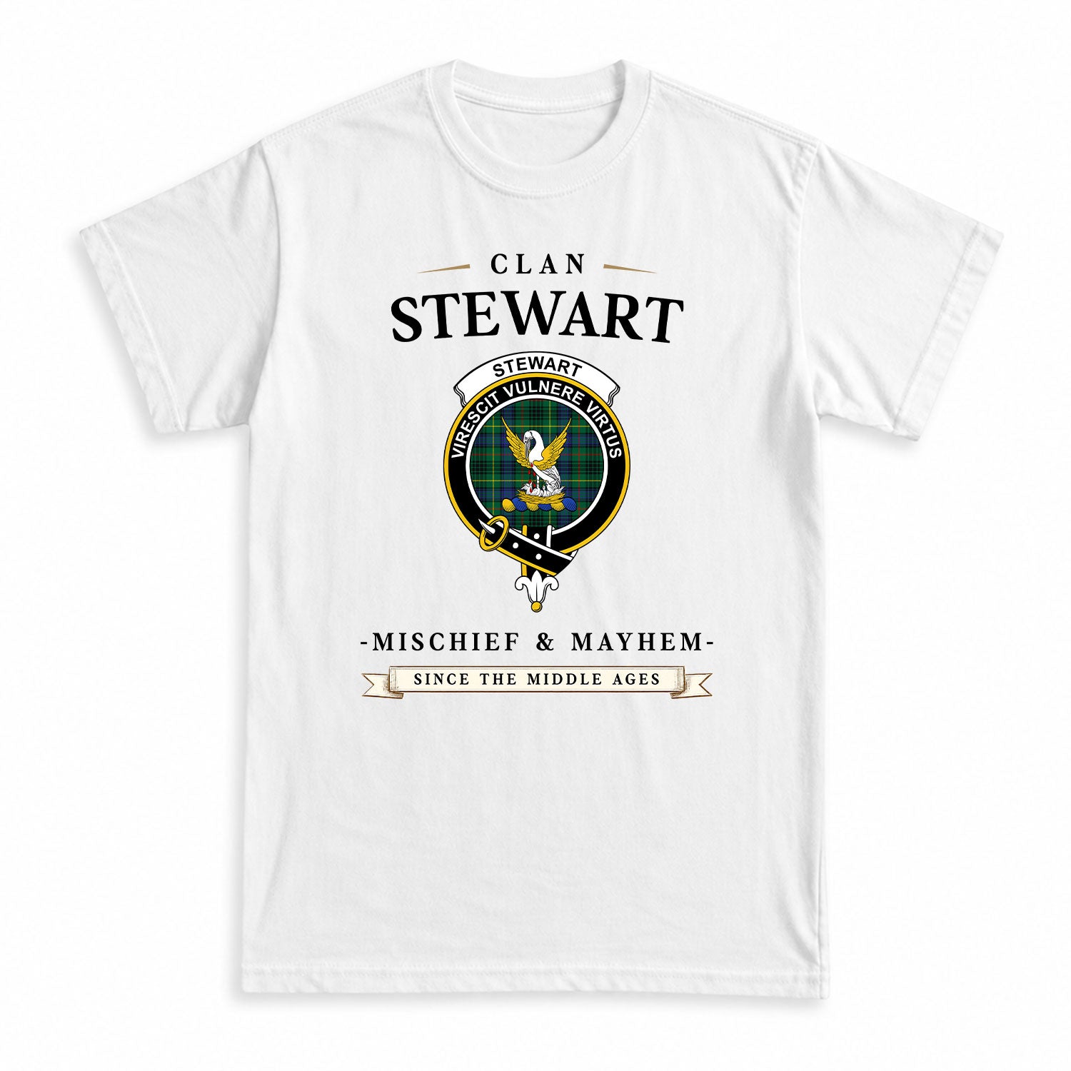 Stewart Hunting Modern Tartan Crest Mischief and Mayhem T-shirt
