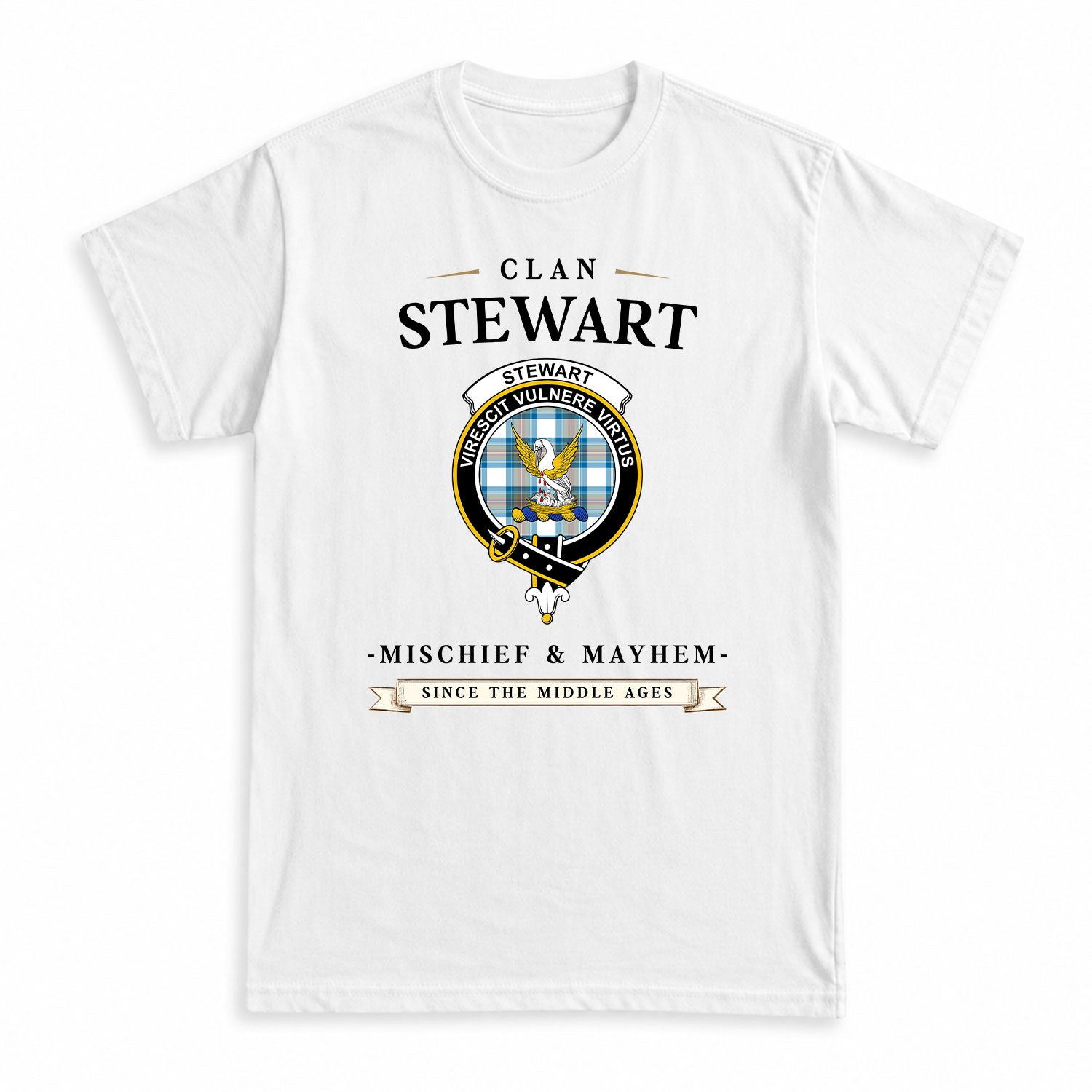Stewart Muted Blue Tartan Crest Mischief and Mayhem T-shirt