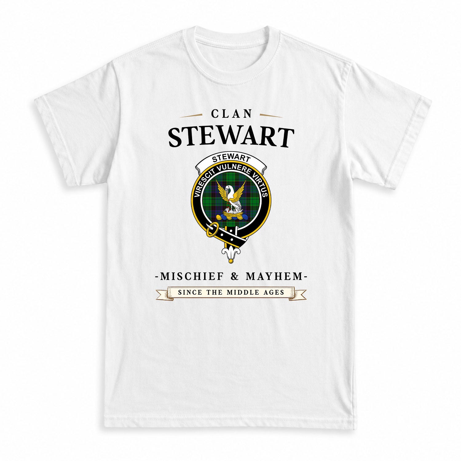 Stewart Old Modern Tartan Crest Mischief and Mayhem T-shirt