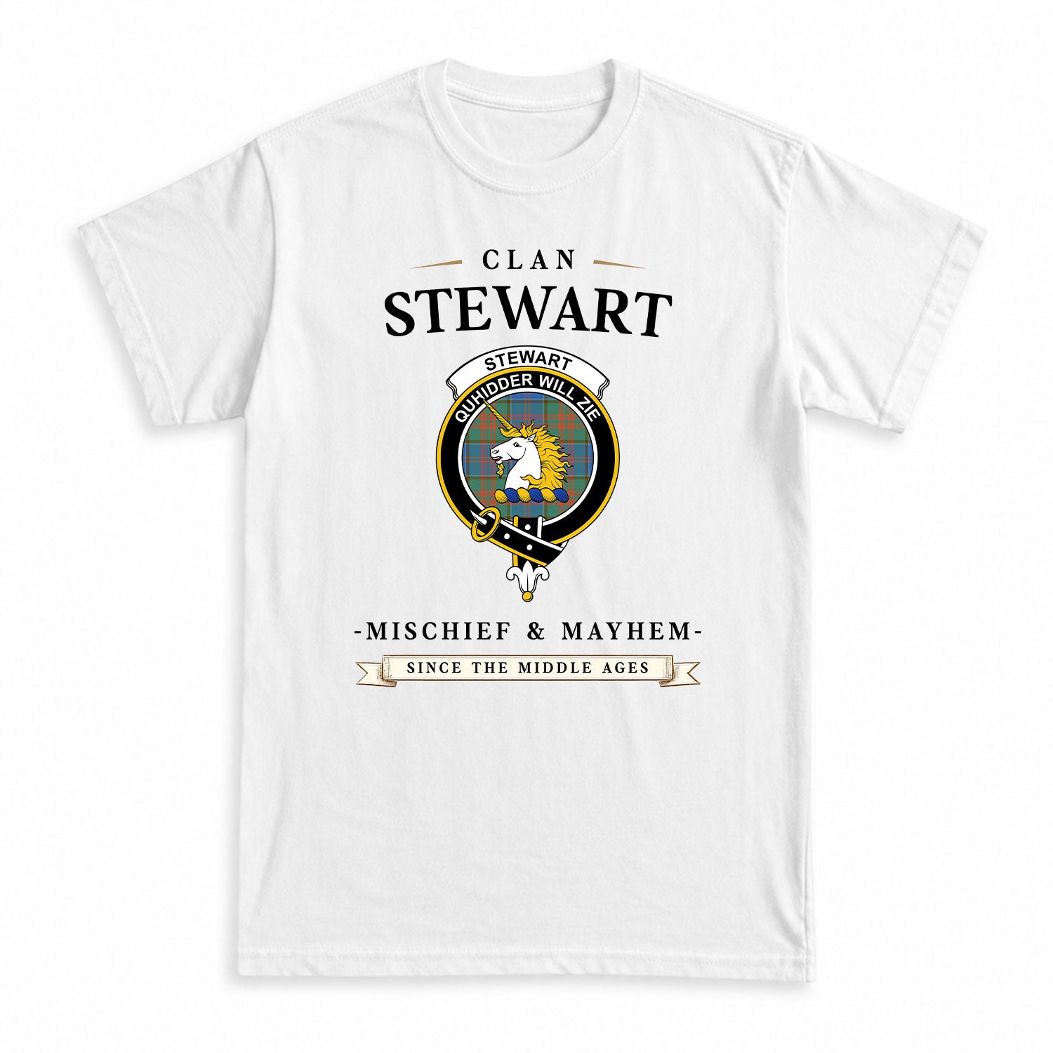 Stewart of Appin Hunting Ancient Tartan Crest Mischief and Mayhem T-shirt