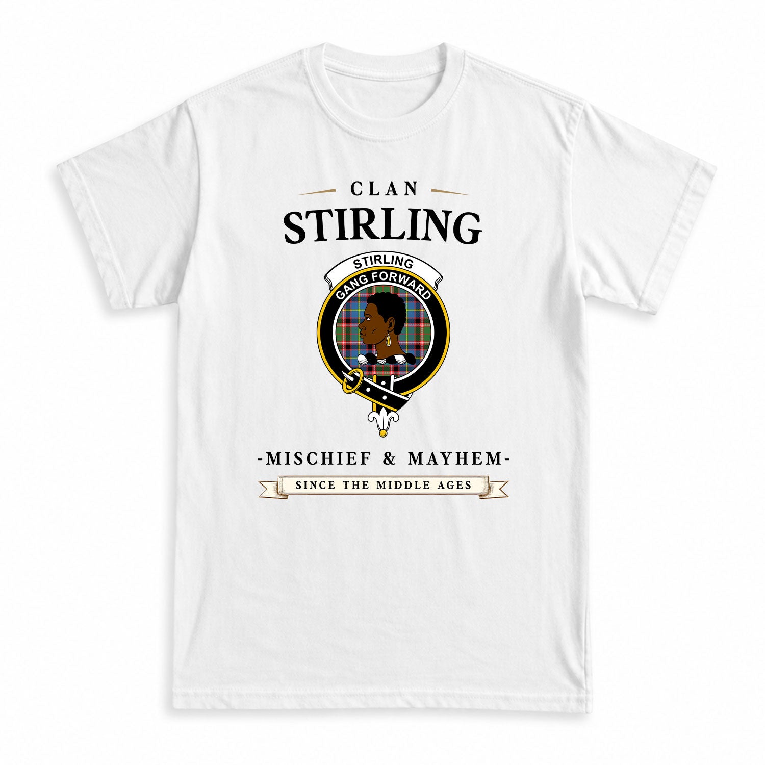 Stirling (of Keir) Tartan Crest Mischief and Mayhem T-shirt