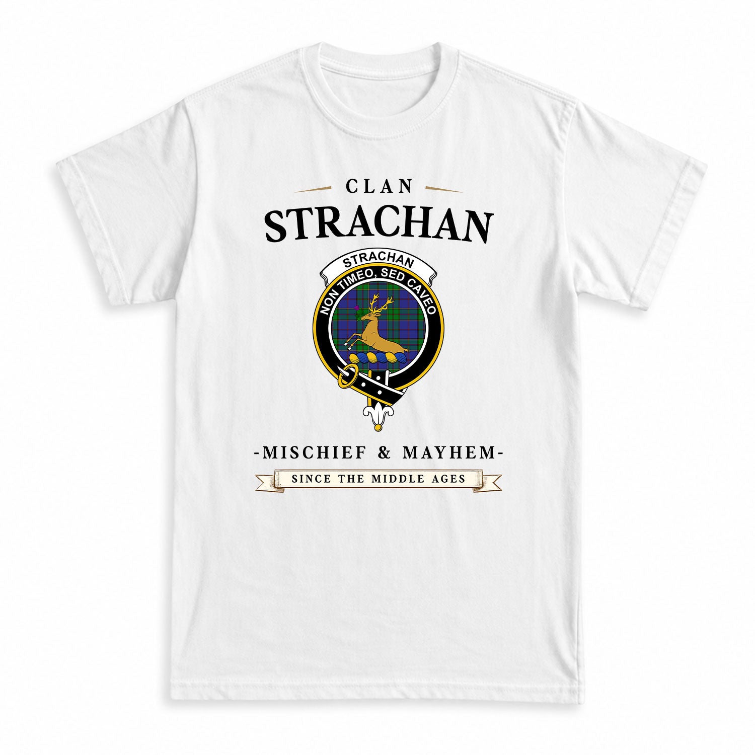 Strachan Tartan Crest Mischief and Mayhem T-shirt