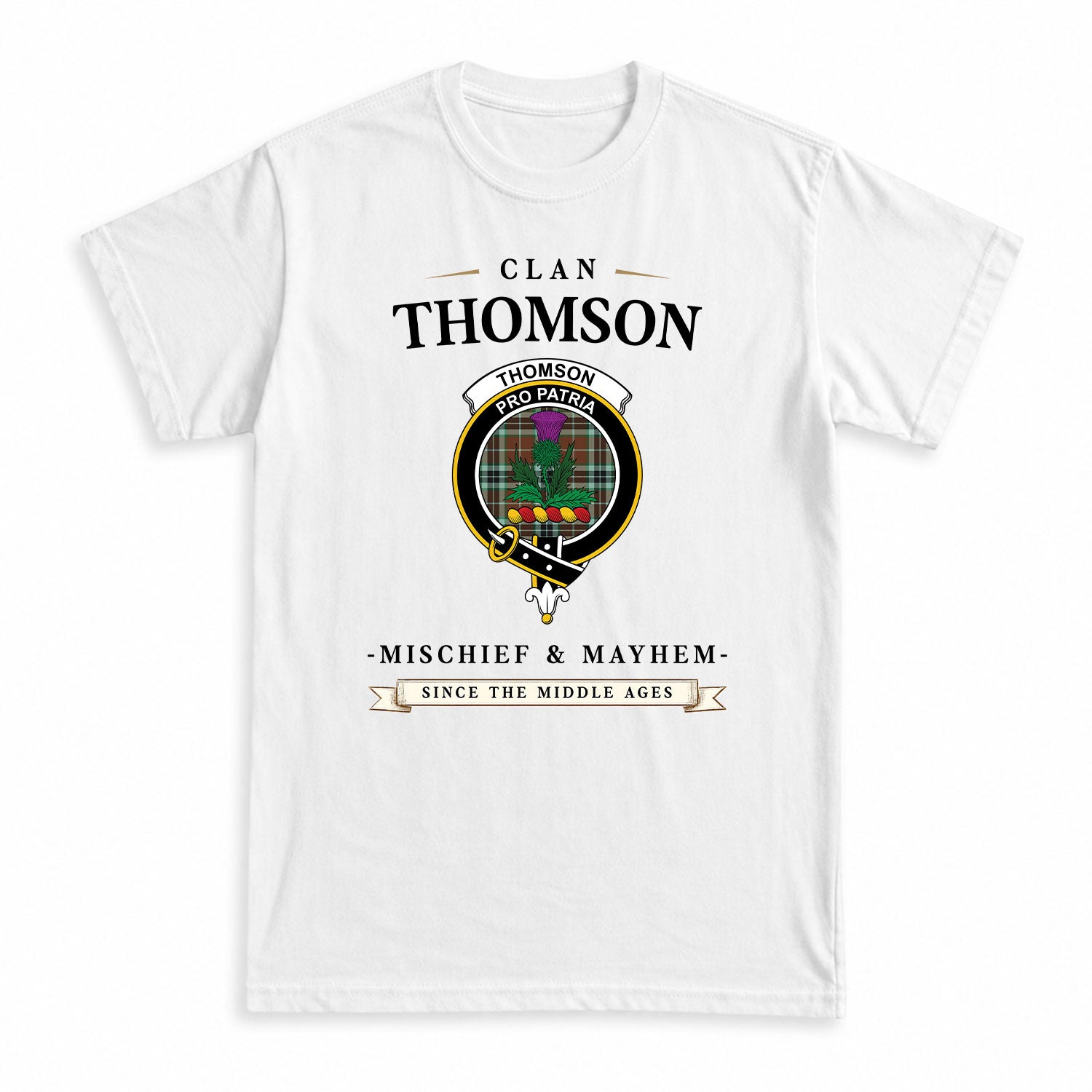 Thomson Hunting Modern Tartan Crest Mischief and Mayhem T-shirt