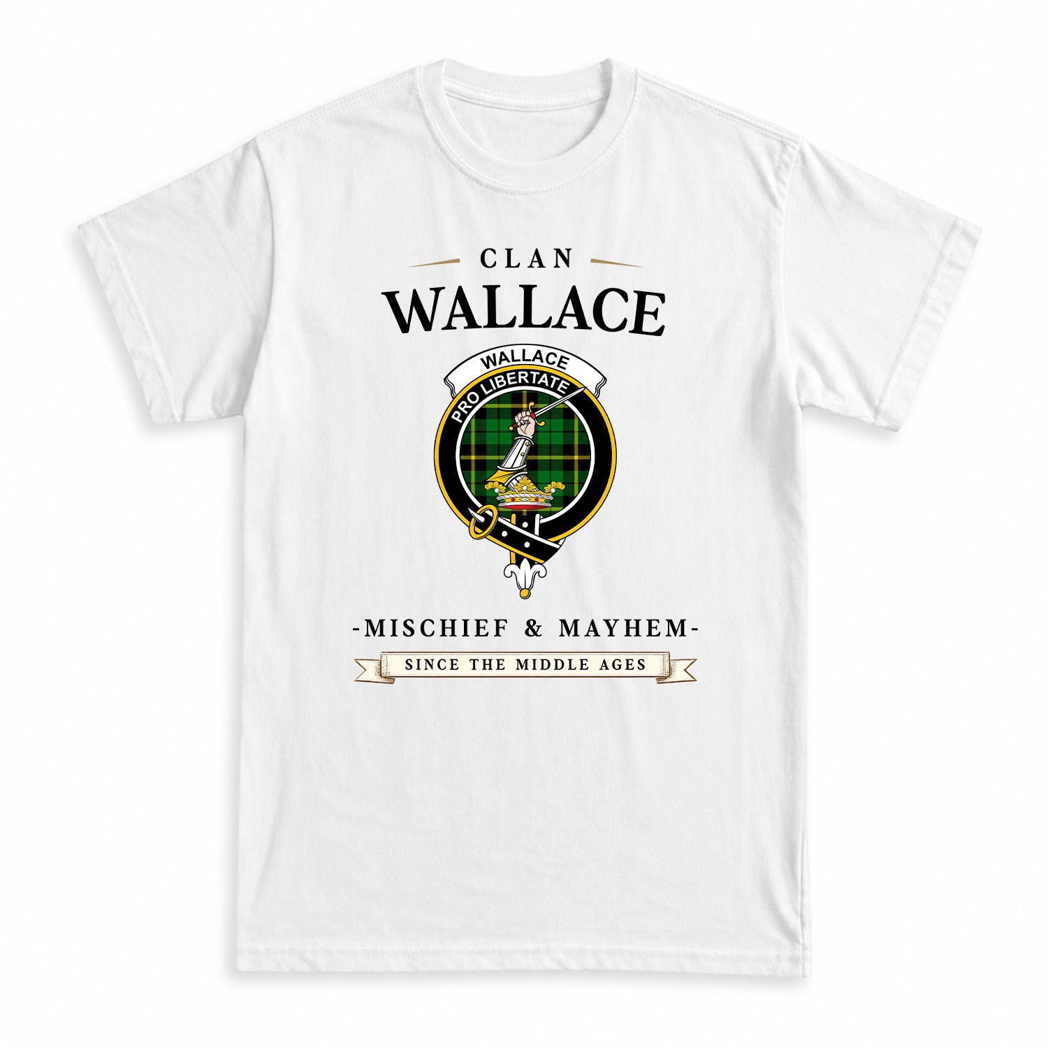 Wallace Hunting Modern Tartan Crest Mischief and Mayhem T-shirt
