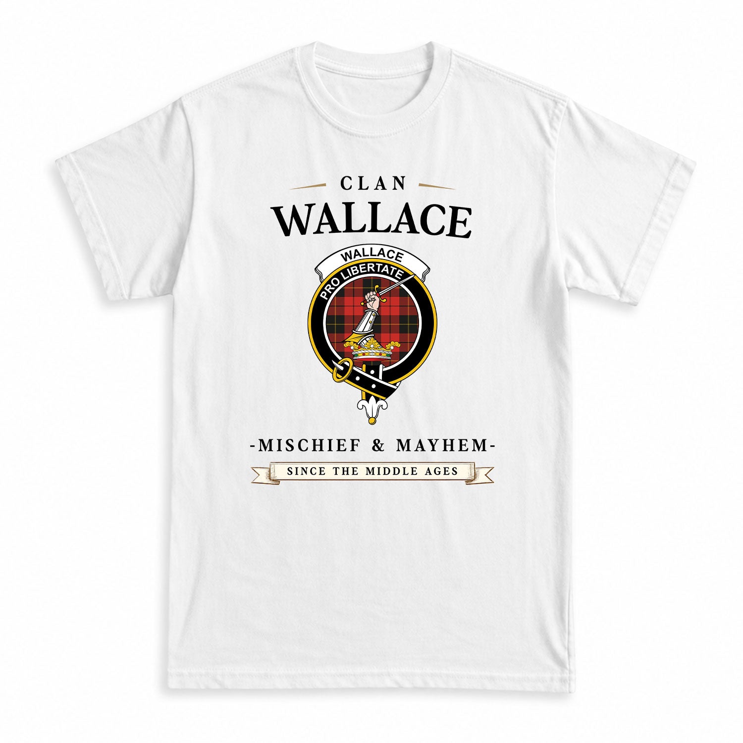 Wallace Weathered Tartan Crest Mischief and Mayhem T-shirt