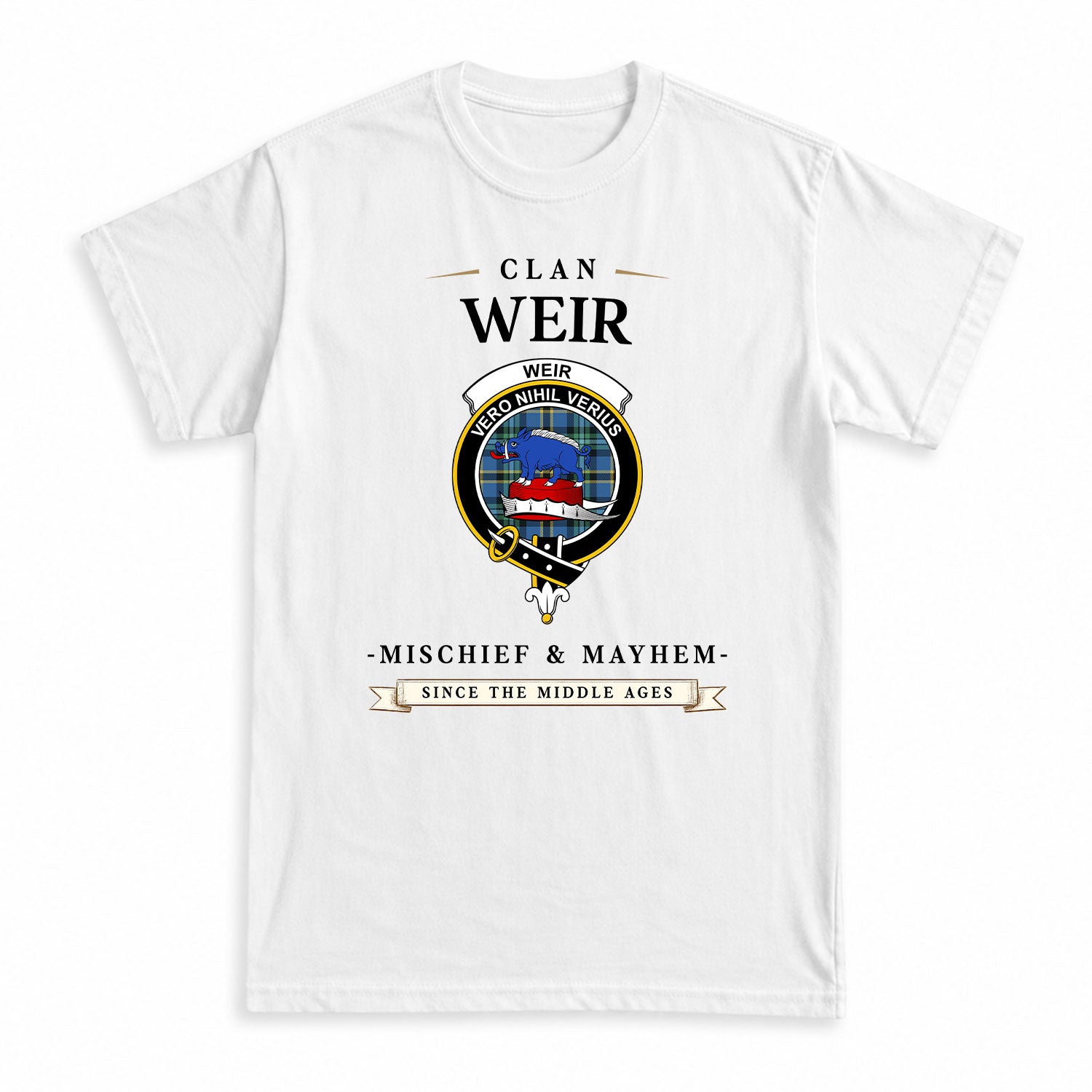 Weir Ancient Tartan Crest Mischief and Mayhem T-shirt