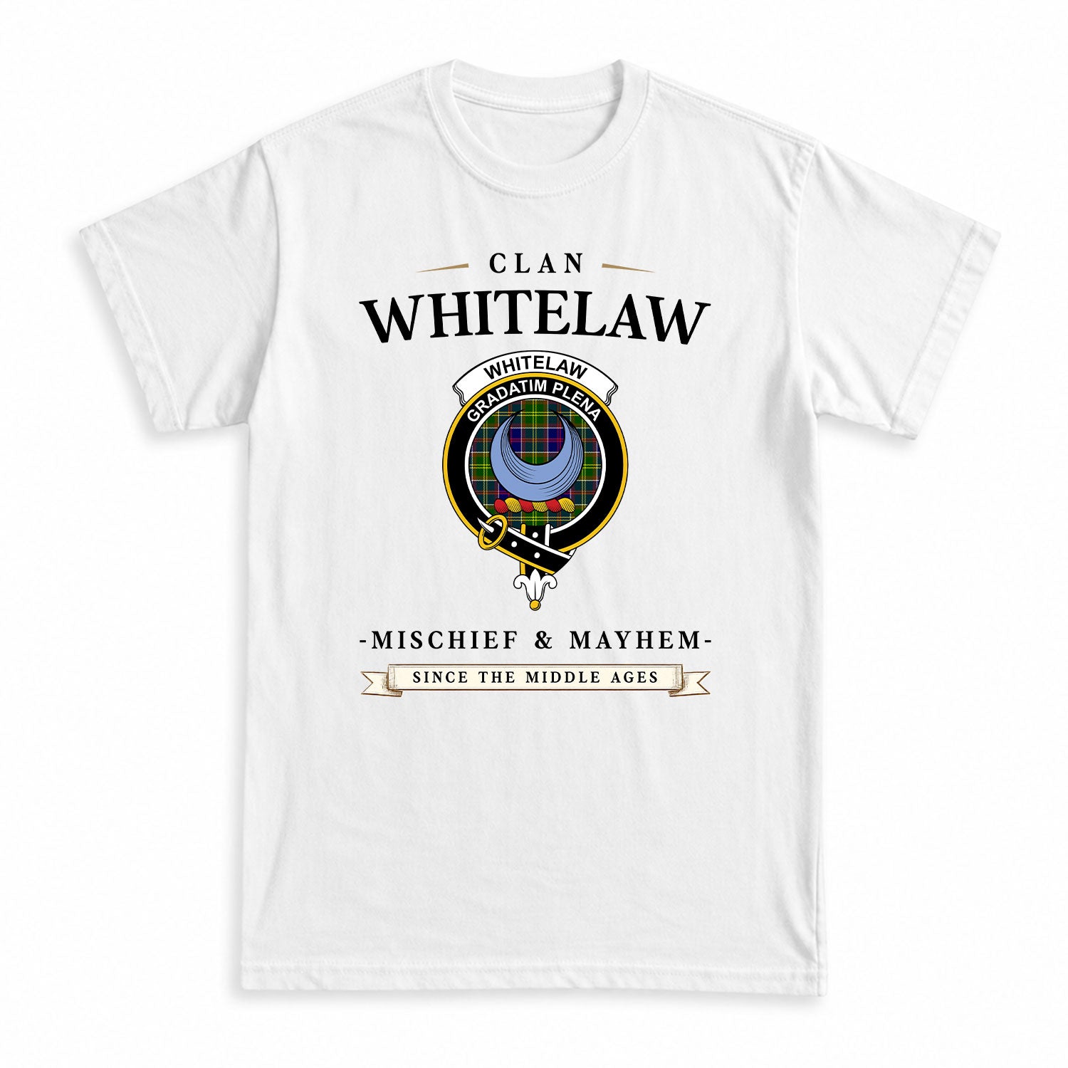 Whitelaw Tartan Crest Mischief and Mayhem T-shirt