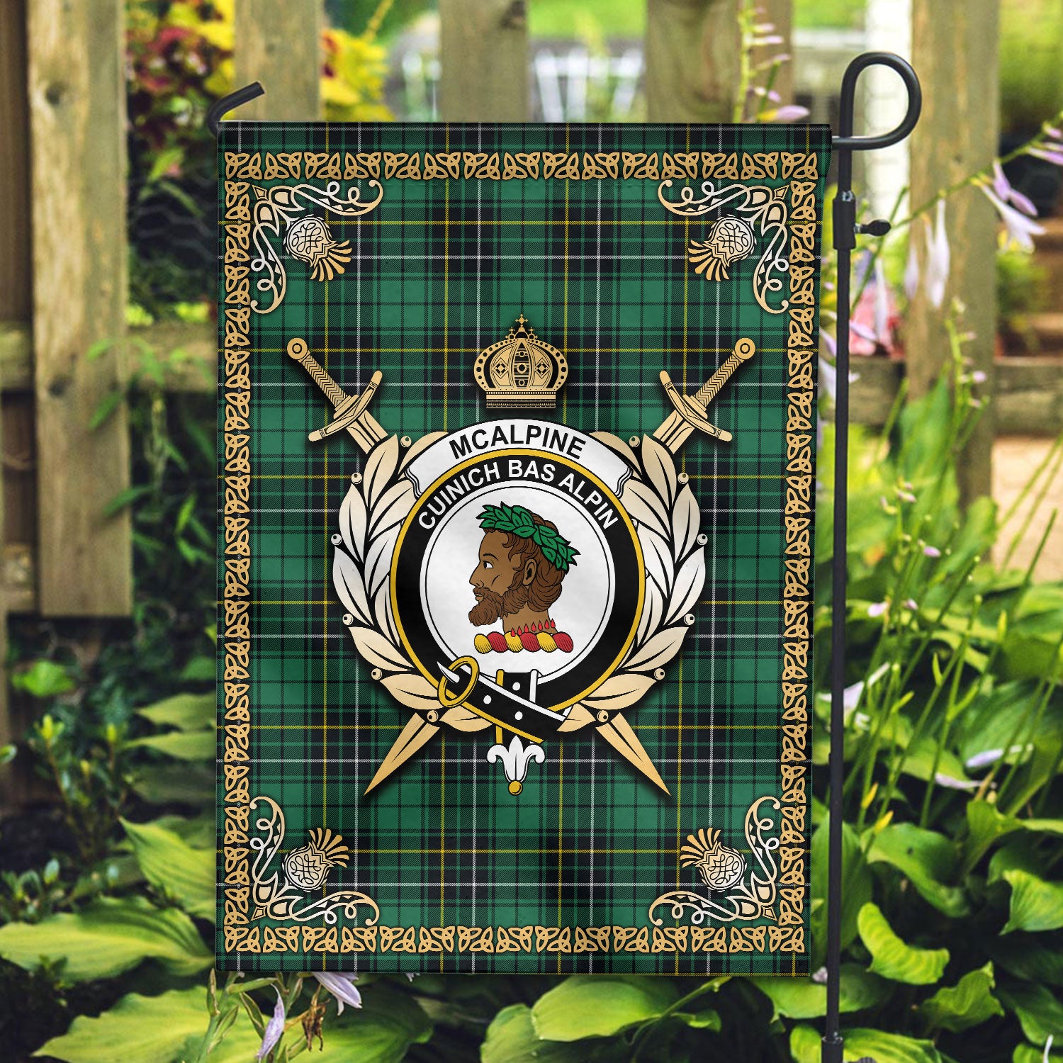 McAlpine Ancient Tartan Crest Garden Flag - Celtic Thistle Style